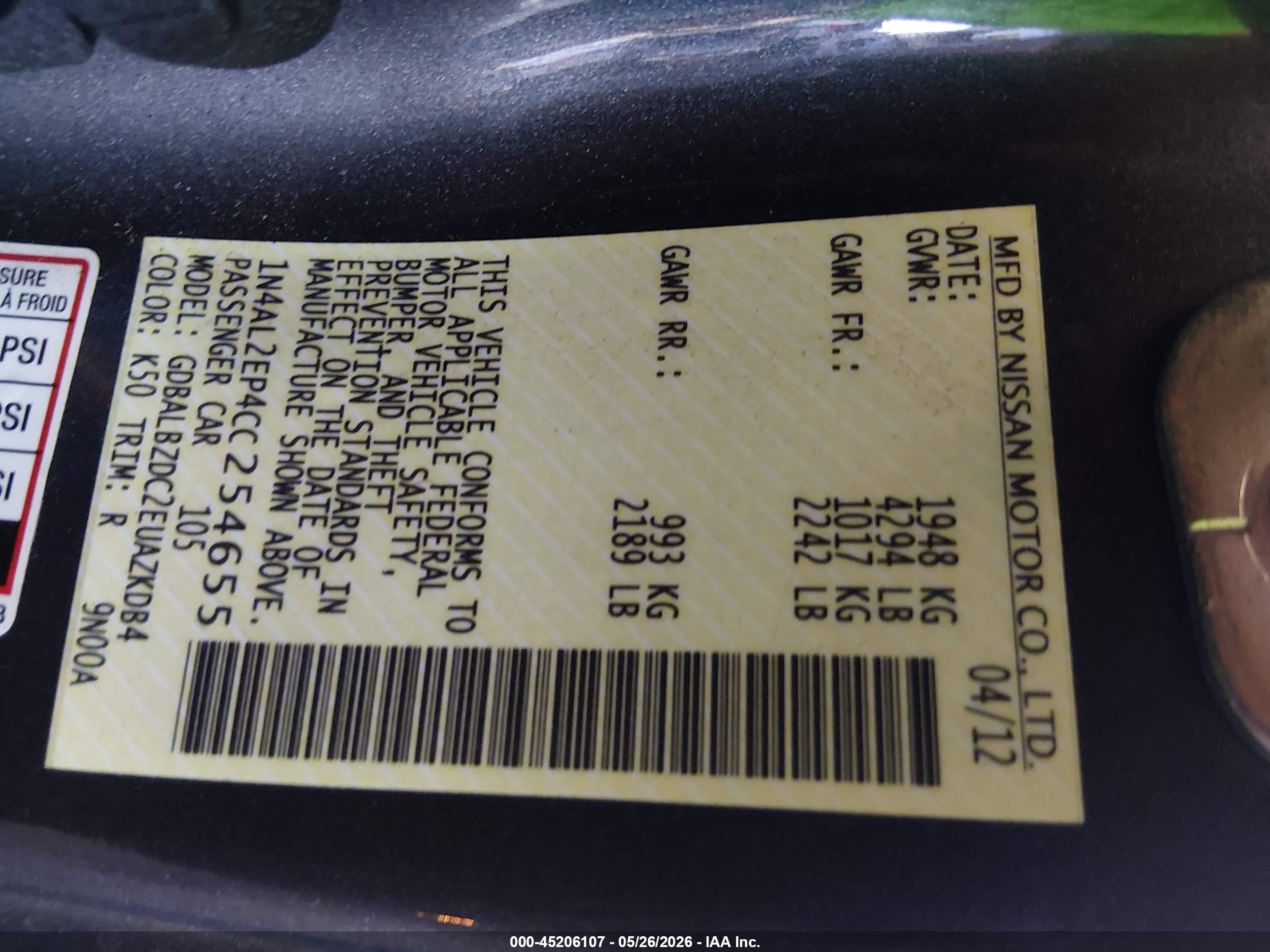 2012 Nissan Altima 2.5 S Black vin: 1N4AL2EP4CC254655