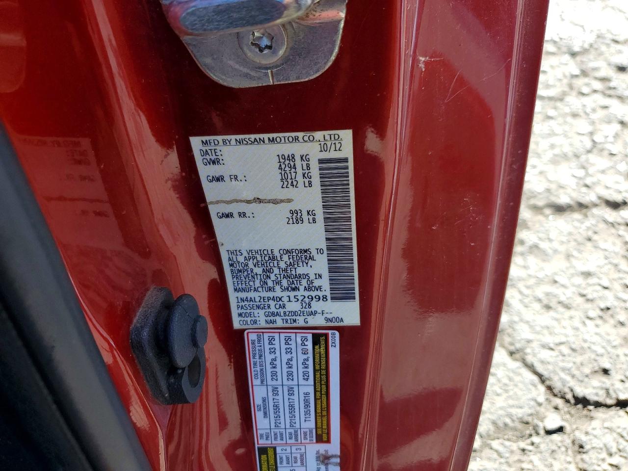 2013 Nissan Altima S Red vin: 1N4AL2EP4DC152998