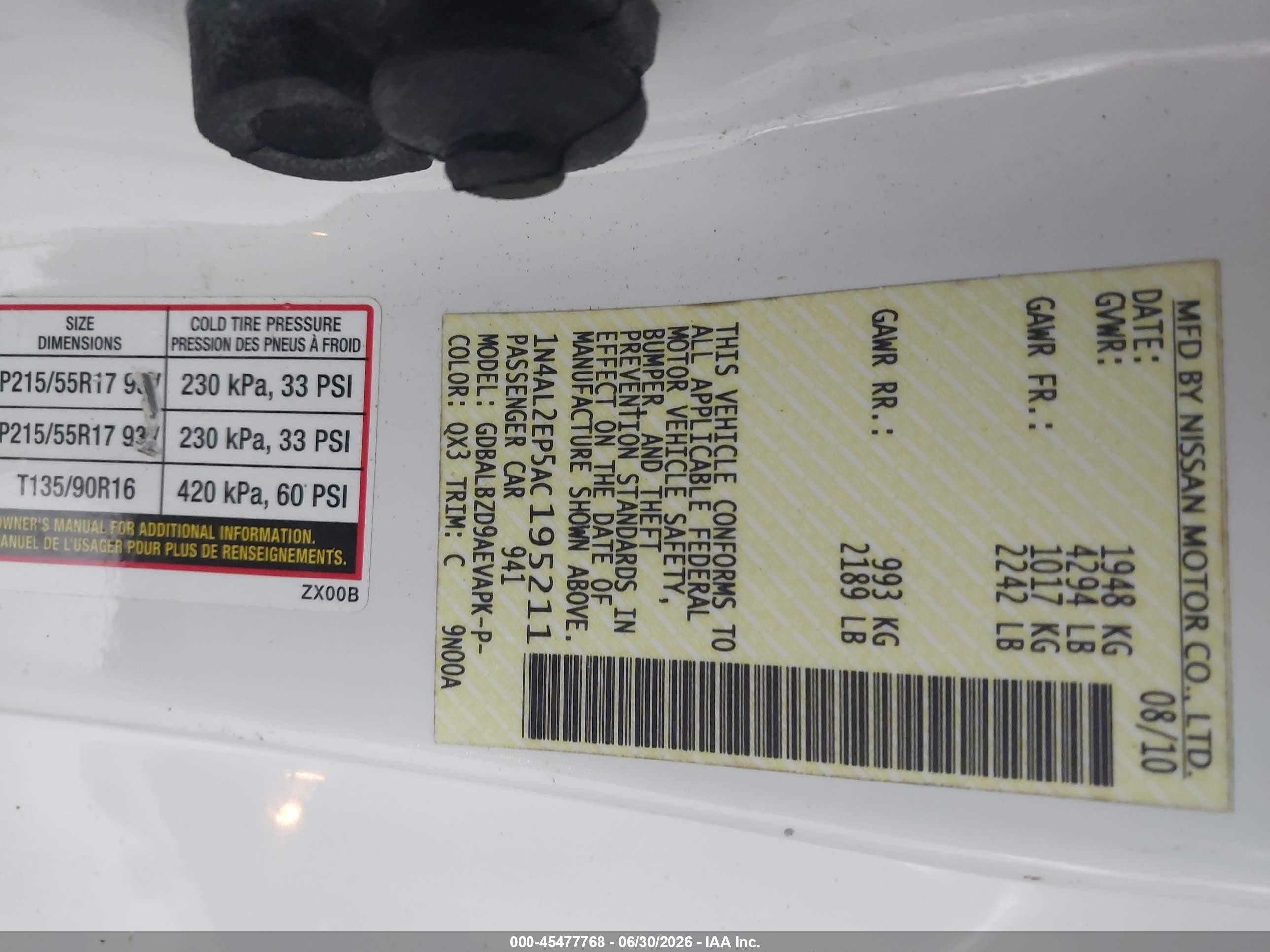 2010 Nissan Altima 2.5 S White vin: 1N4AL2EP5AC195211