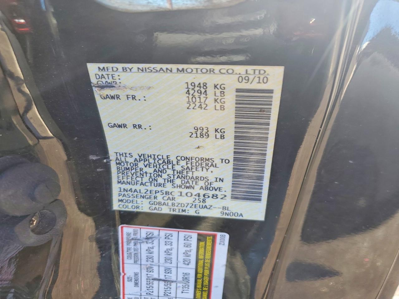 2011 Niss Altima S Black vin: 1N4AL2EP5BC104682