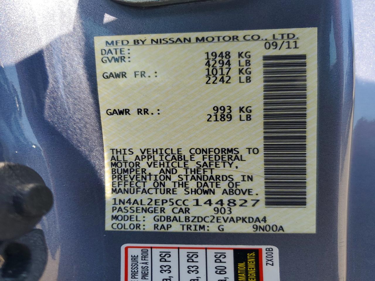2012 Nissan Altima S Blue vin: 1N4AL2EP5CC144827