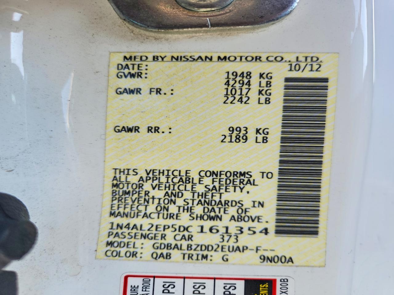 2013 Nissan Altima S White vin: 1N4AL2EP5DC161354