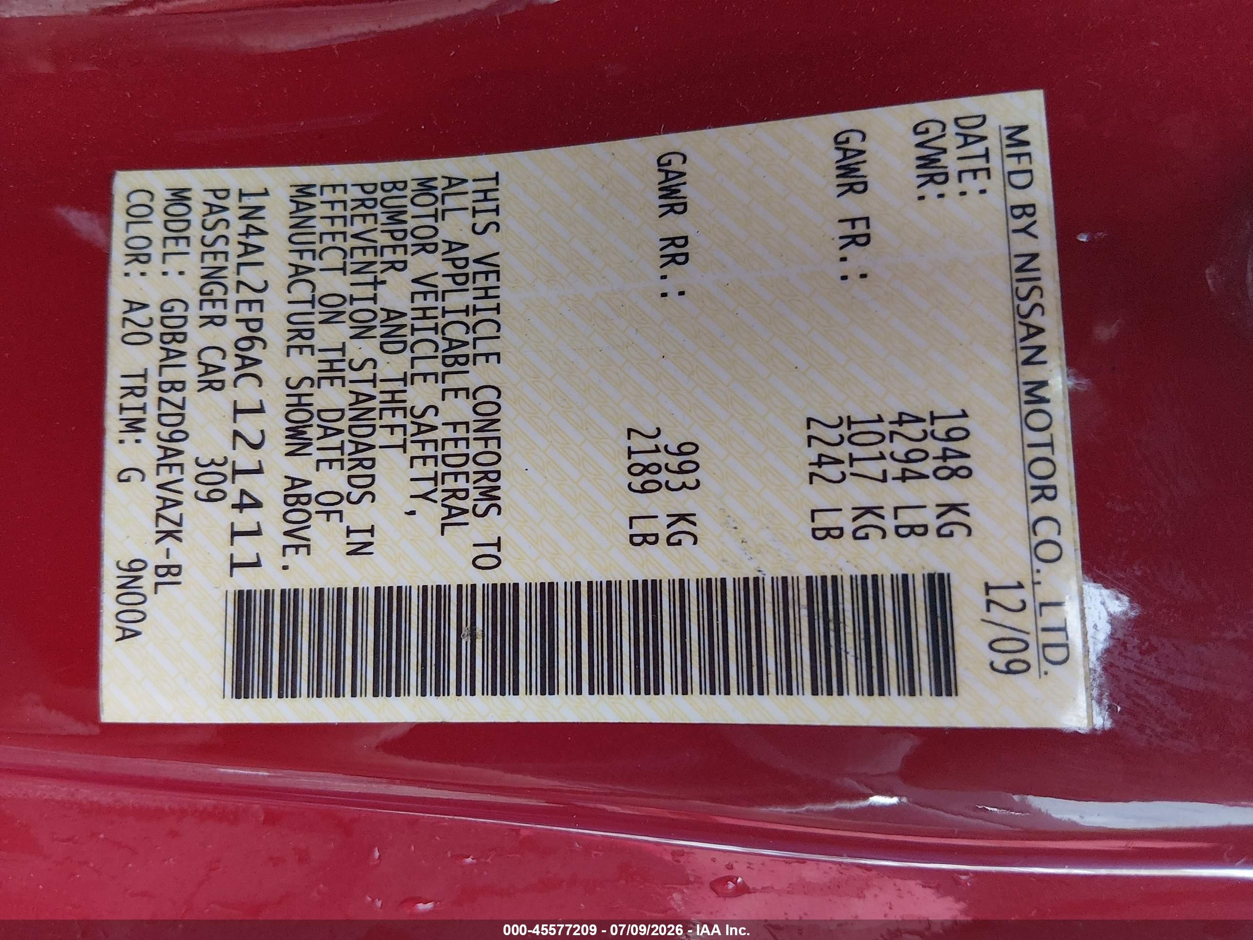 2010 Nissan Altima 2.5 S Red vin: 1N4AL2EP6AC121411