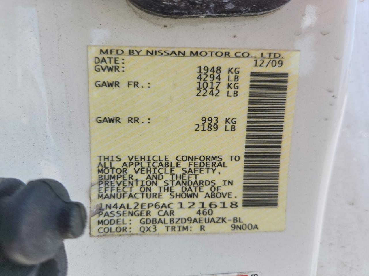 2010 Nissan Altima 2.5 S White vin: 1N4AL2EP6AC121618