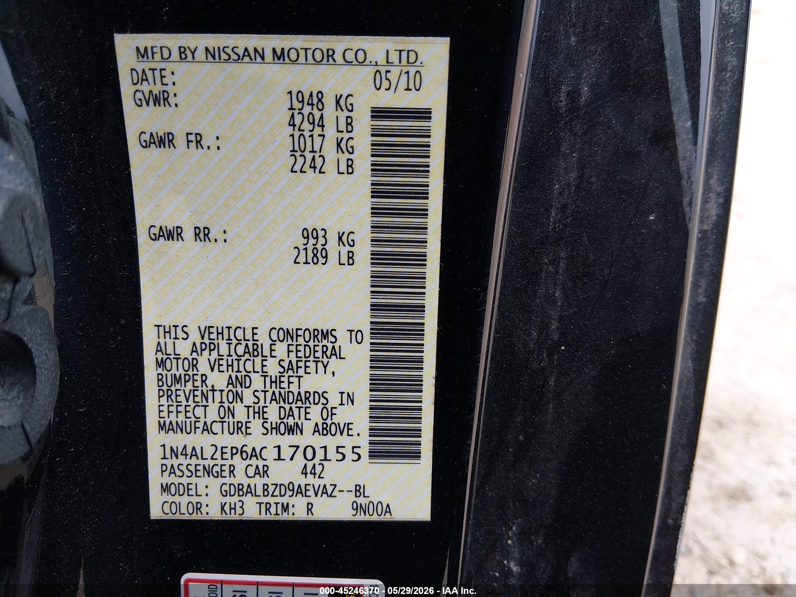 2010 Nissan Altima 2.5 S Black vin: 1N4AL2EP6AC170155