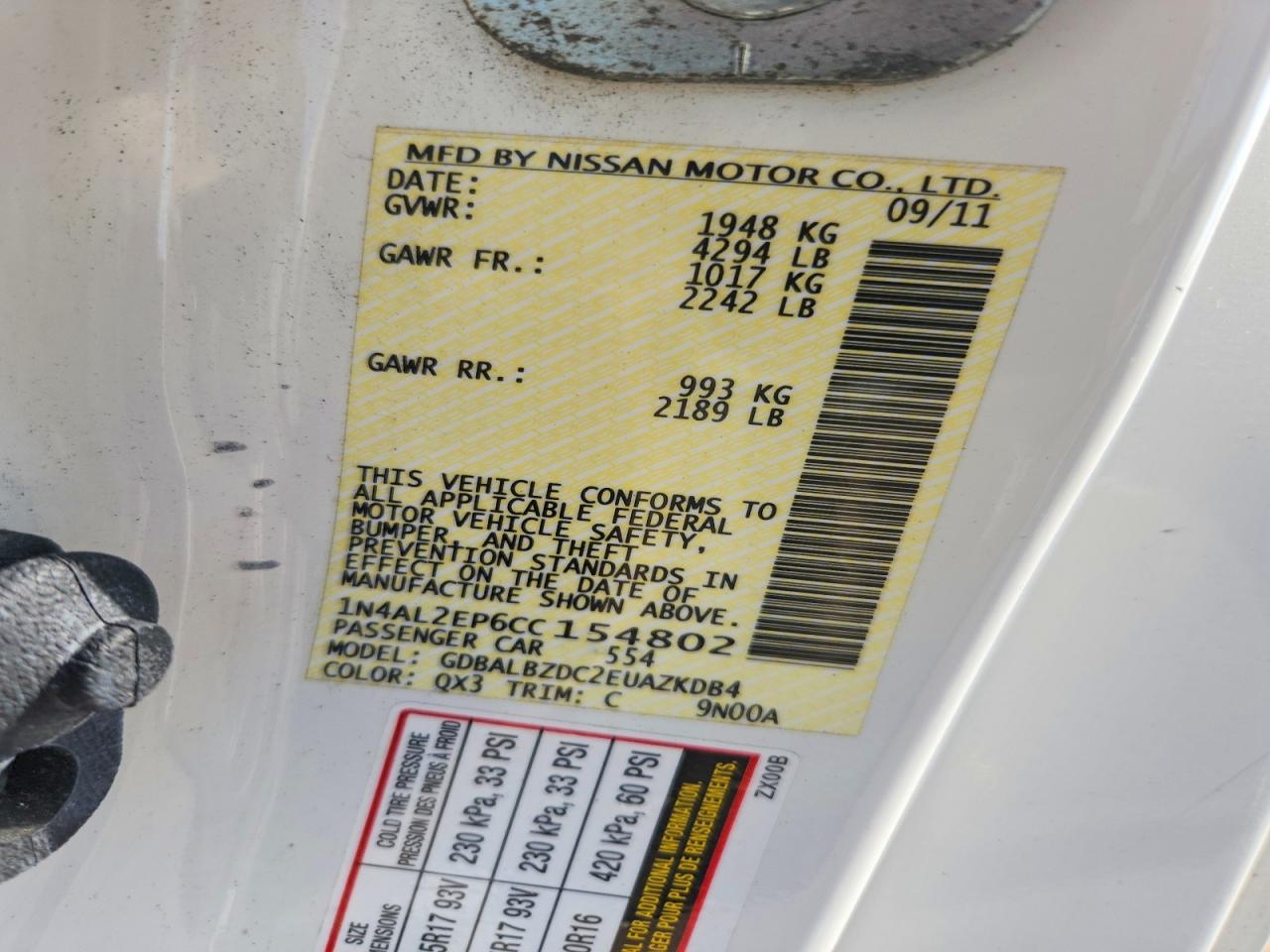 2012 Nissan Altima S White vin: 1N4AL2EP6CC154802