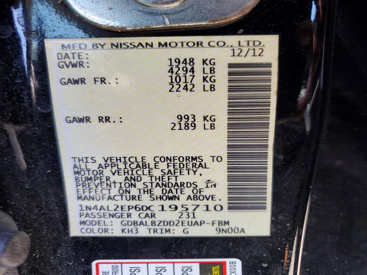 2013 Nissan Altima S Black vin: 1N4AL2EP6DC195710