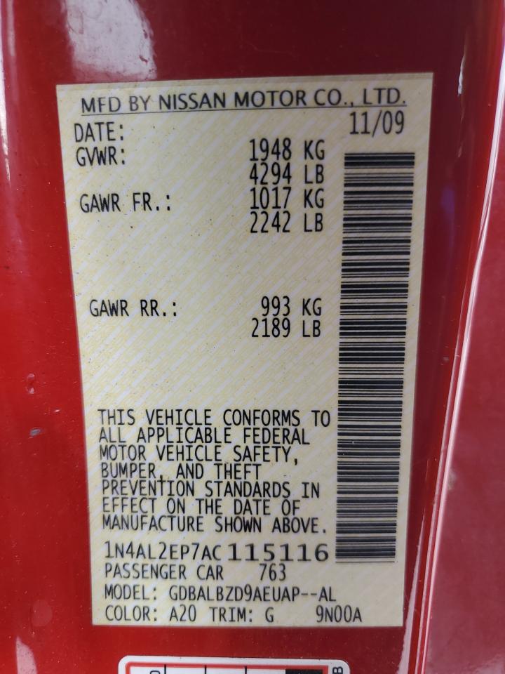 2010 Nissan Altima S Red vin: 1N4AL2EP7AC115116