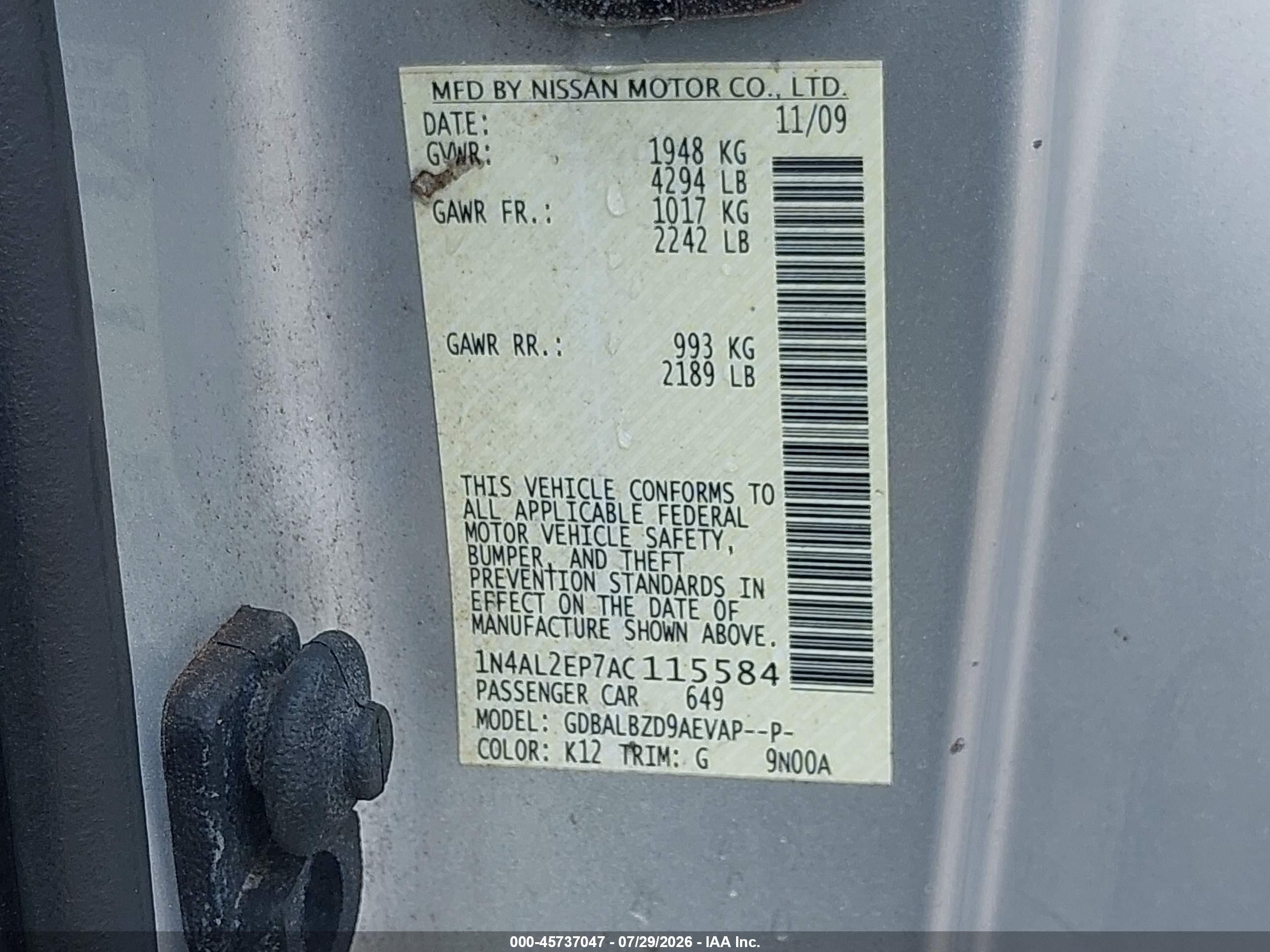 2010 Nissan Altima 2.5 S Silver vin: 1N4AL2EP7AC115584
