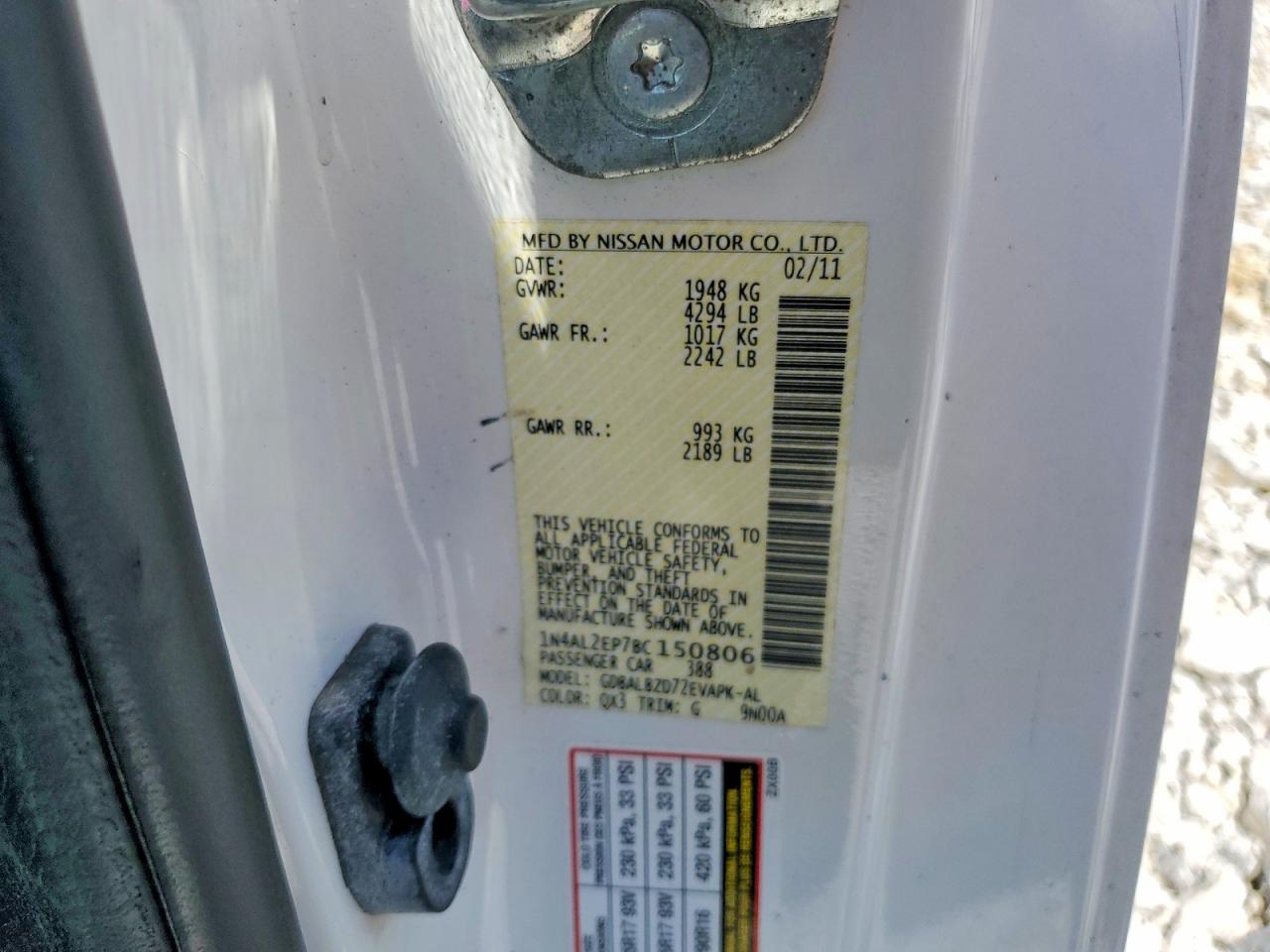 2011 Nissan Altima S White vin: 1N4AL2EP7BC150806
