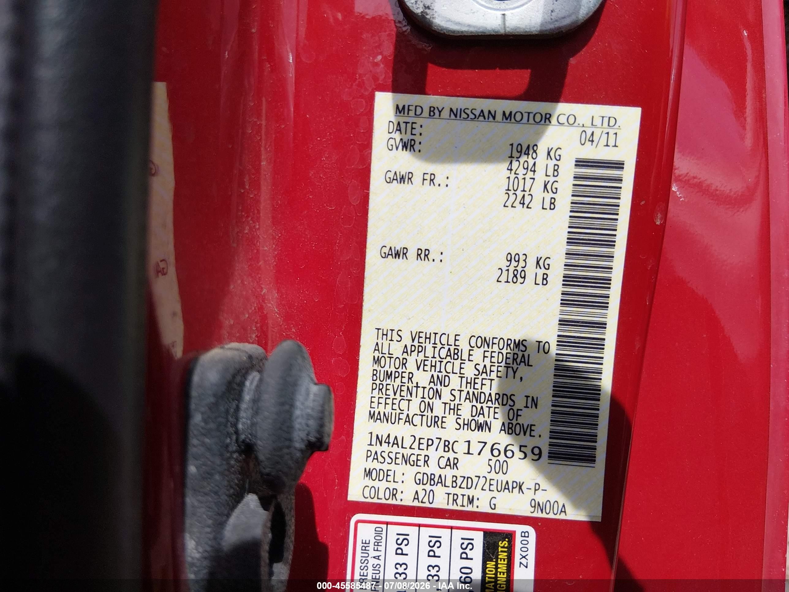 2011 Nissan Altima 2.5 S Red vin: 1N4AL2EP7BC176659