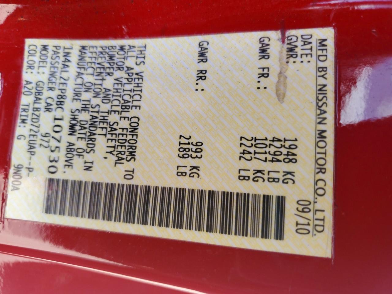 2011 Nissan Altima S Red vin: 1N4AL2EP8BC107530