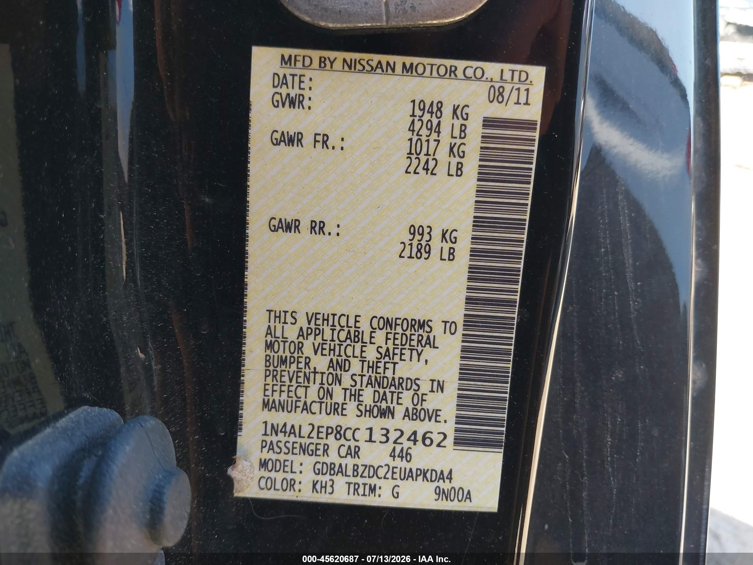 2012 Nissan Altima 2.5 S Black vin: 1N4AL2EP8CC132462