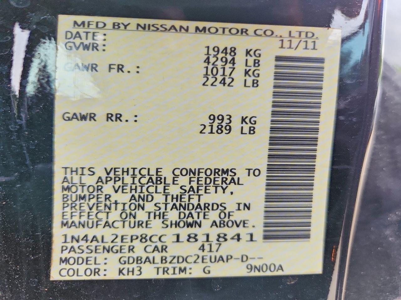 2012 Nissan Altima S Black vin: 1N4AL2EP8CC181841