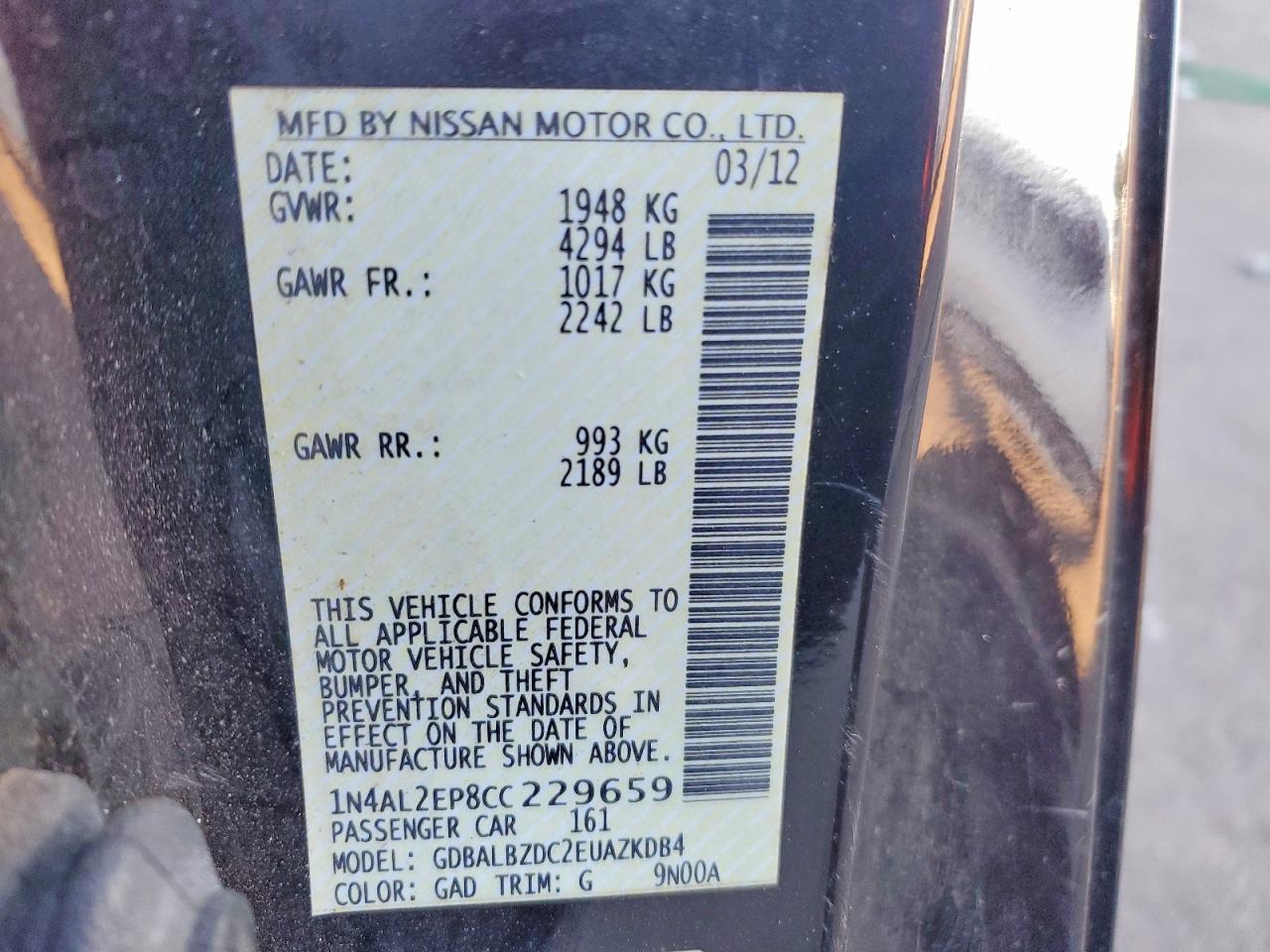 2012 Nissan Altima 2.5 S Black vin: 1N4AL2EP8CC229659