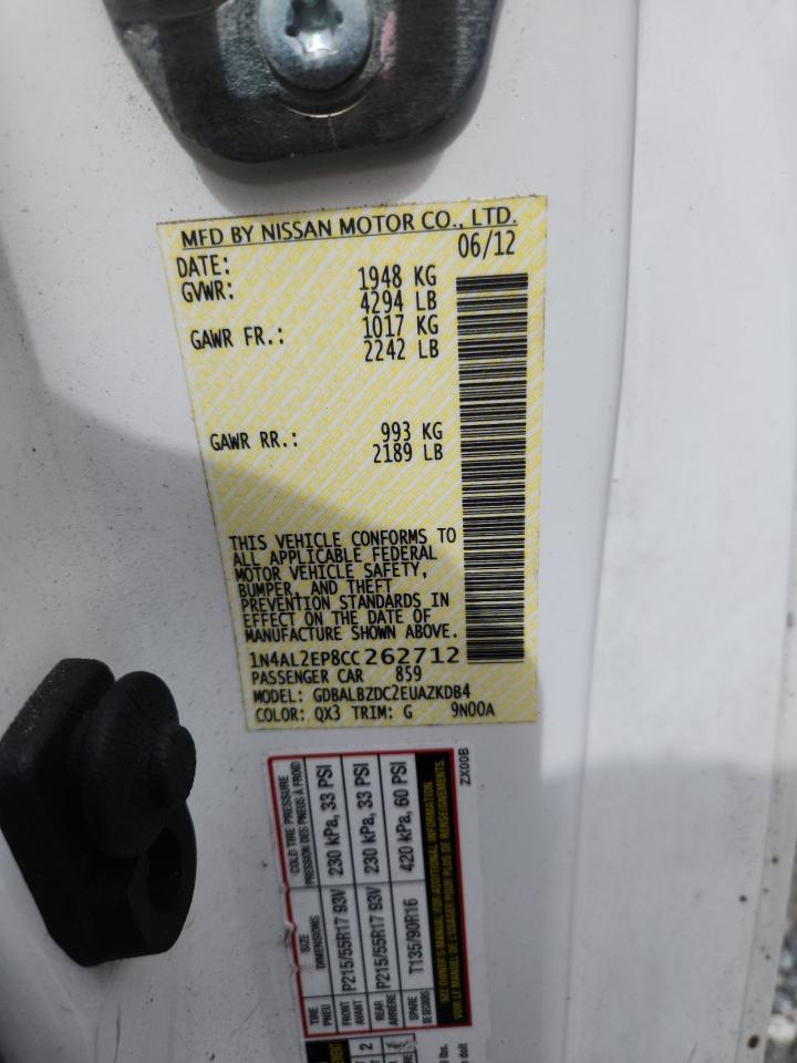 2012 Nissan Altima S White vin: 1N4AL2EP8CC262712