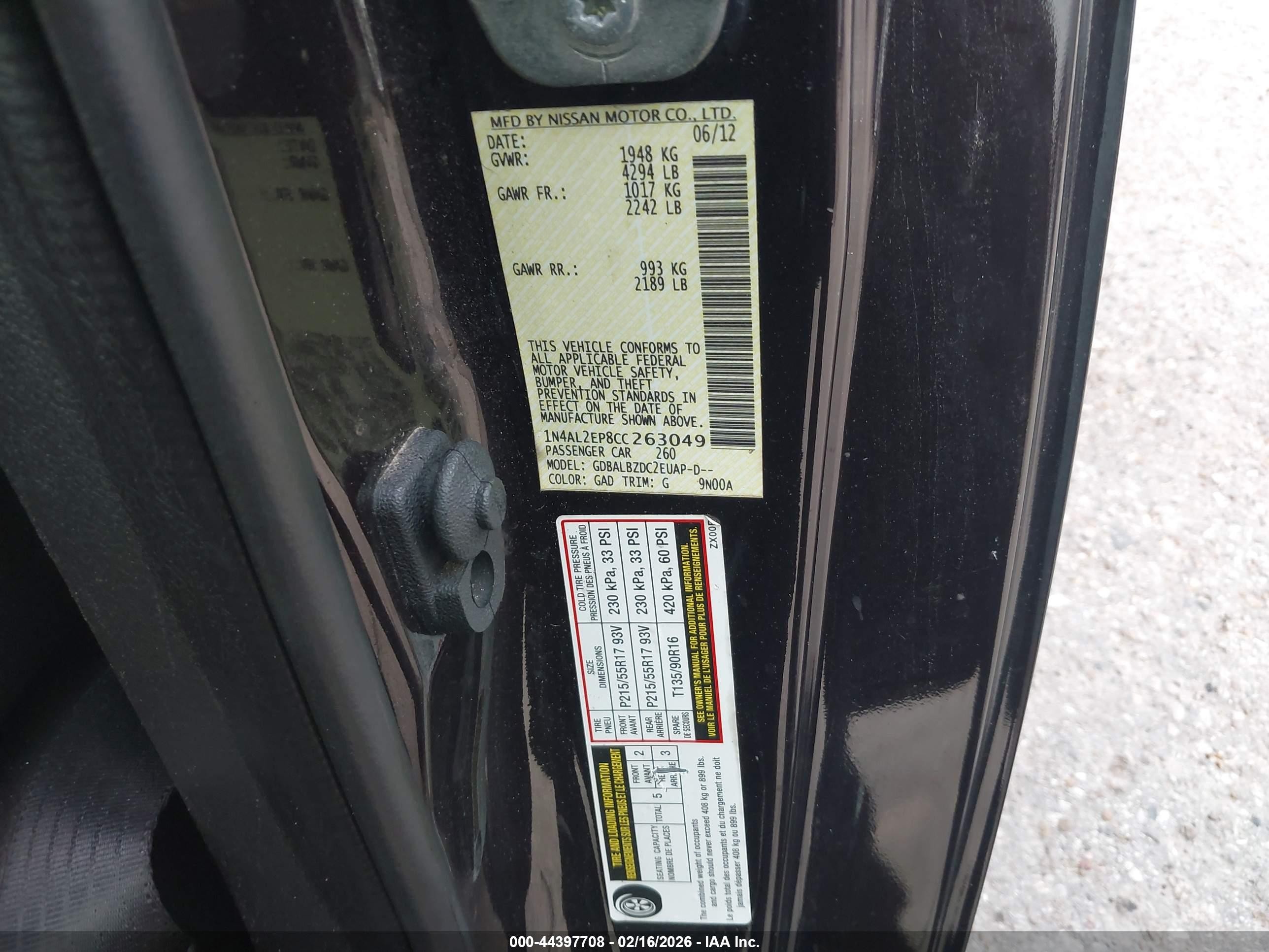 2012 Nissan Altima 2.5 S Black vin: 1N4AL2EP8CC263049