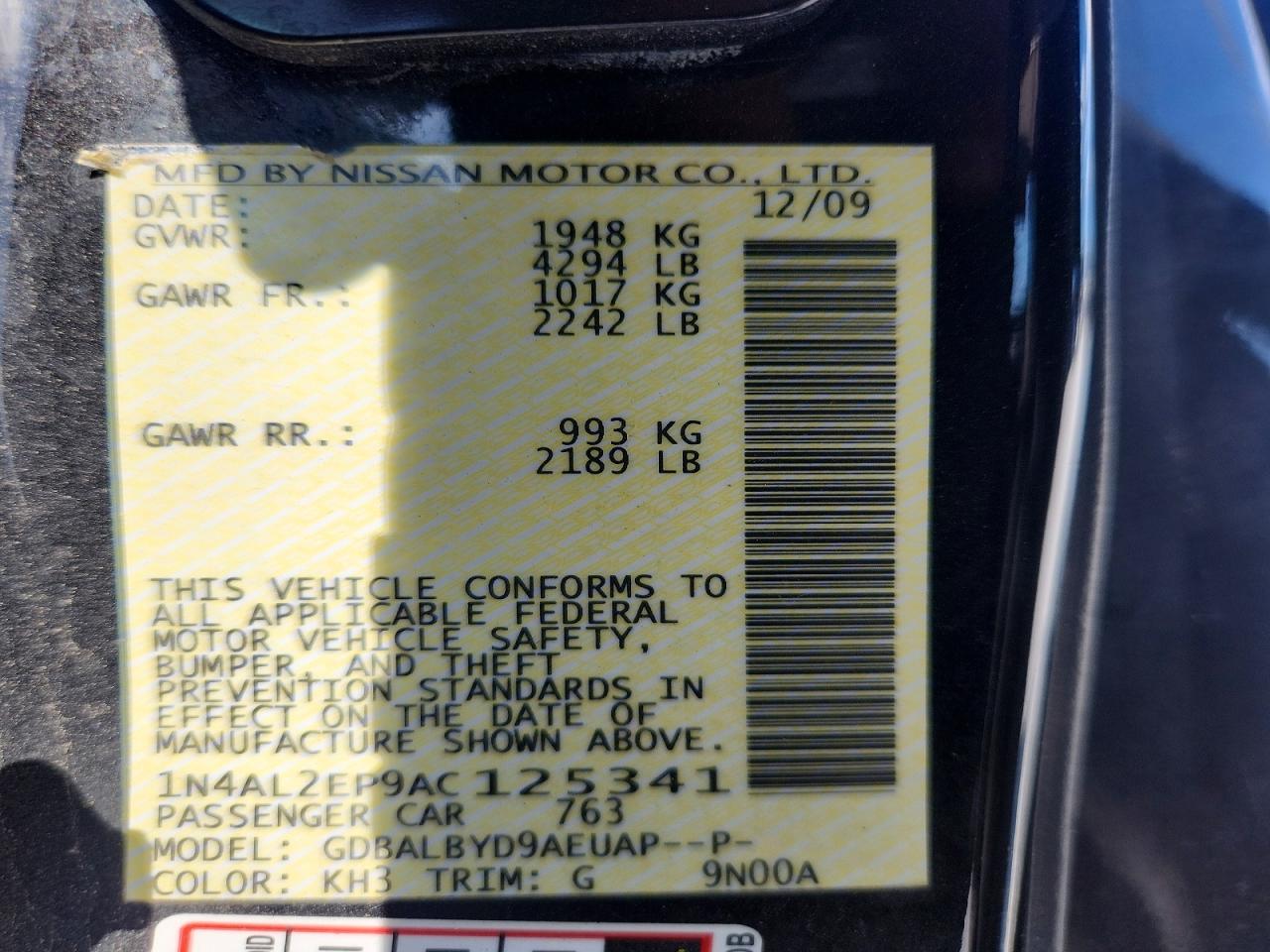 2010 Nissan Altima S Black vin: 1N4AL2EP9AC125341