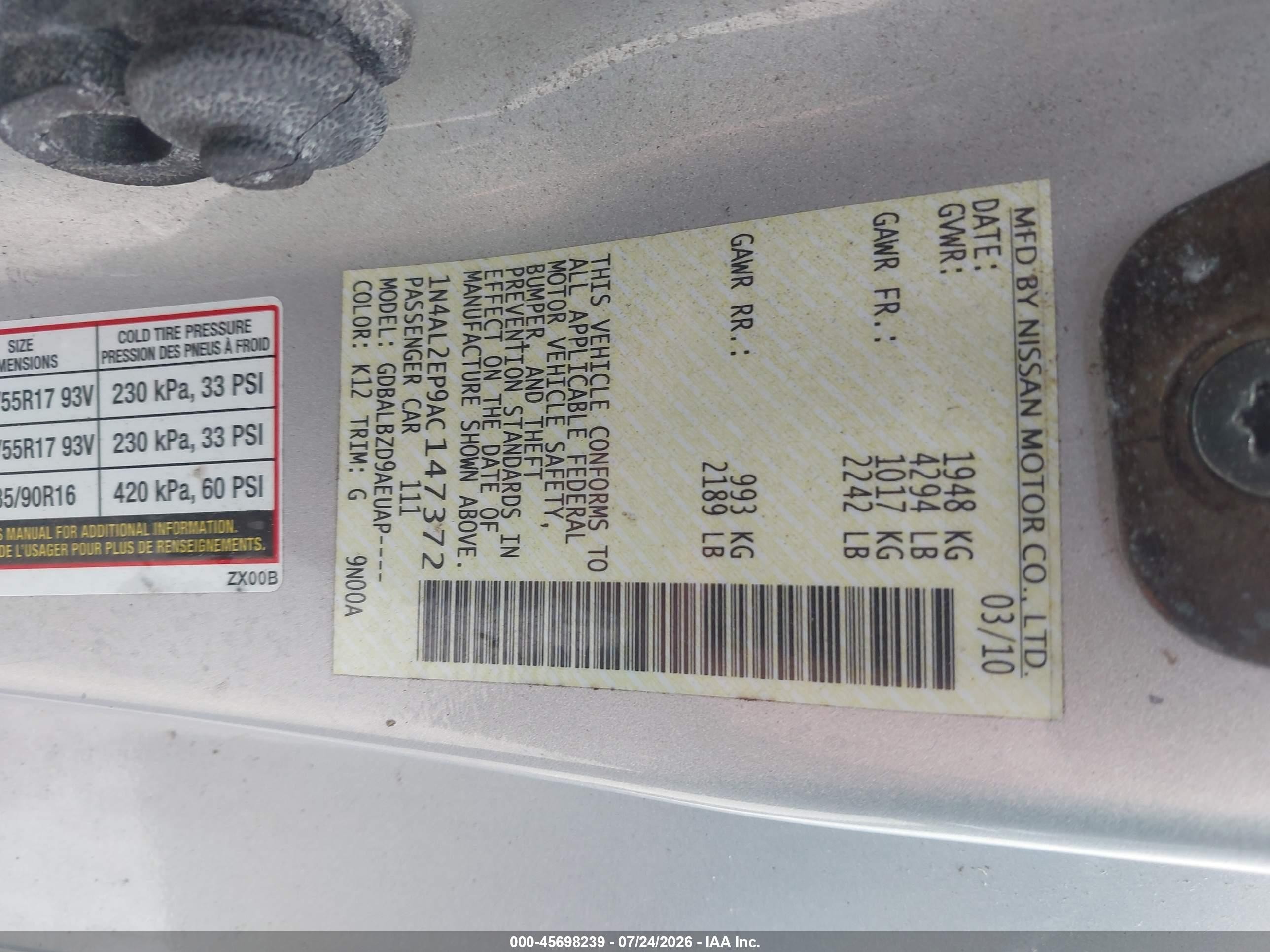 2010 Nissan Altima 2.5 S Серебряный vin: 1N4AL2EP9AC147372