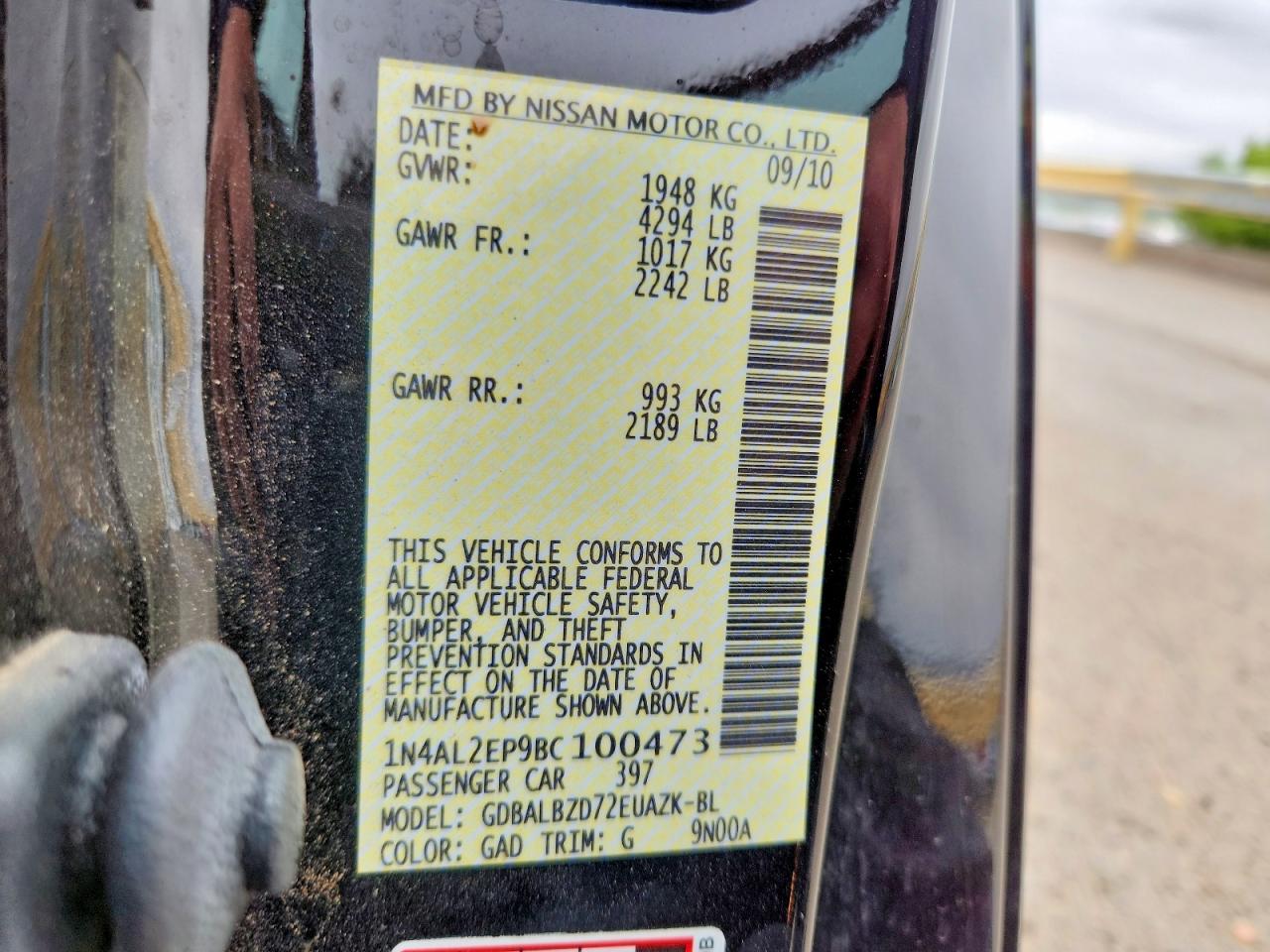 2011 Nissan Altima S Black vin: 1N4AL2EP9BC100473