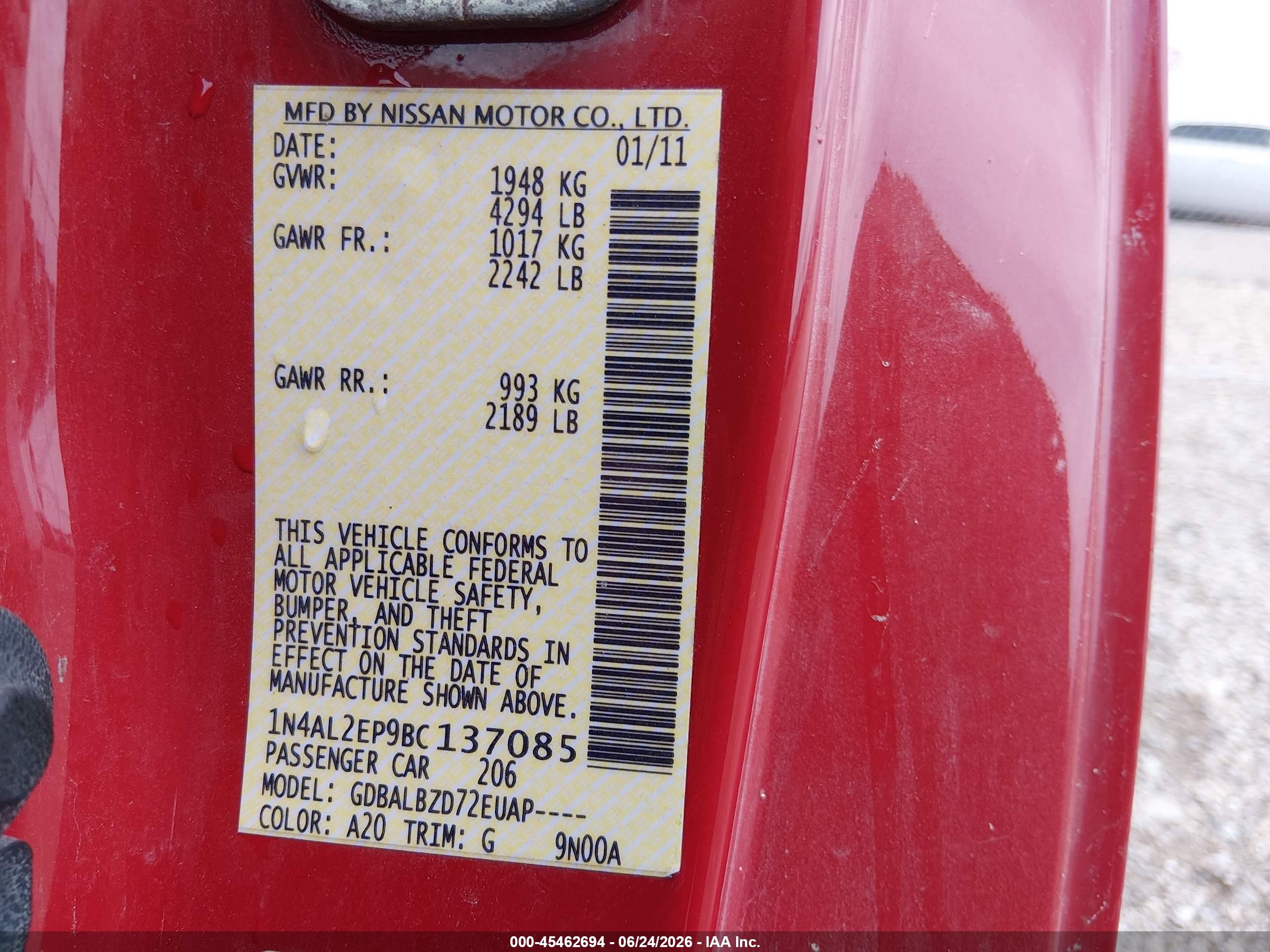 2011 Nissan Altima 2.5 S Red vin: 1N4AL2EP9BC137085