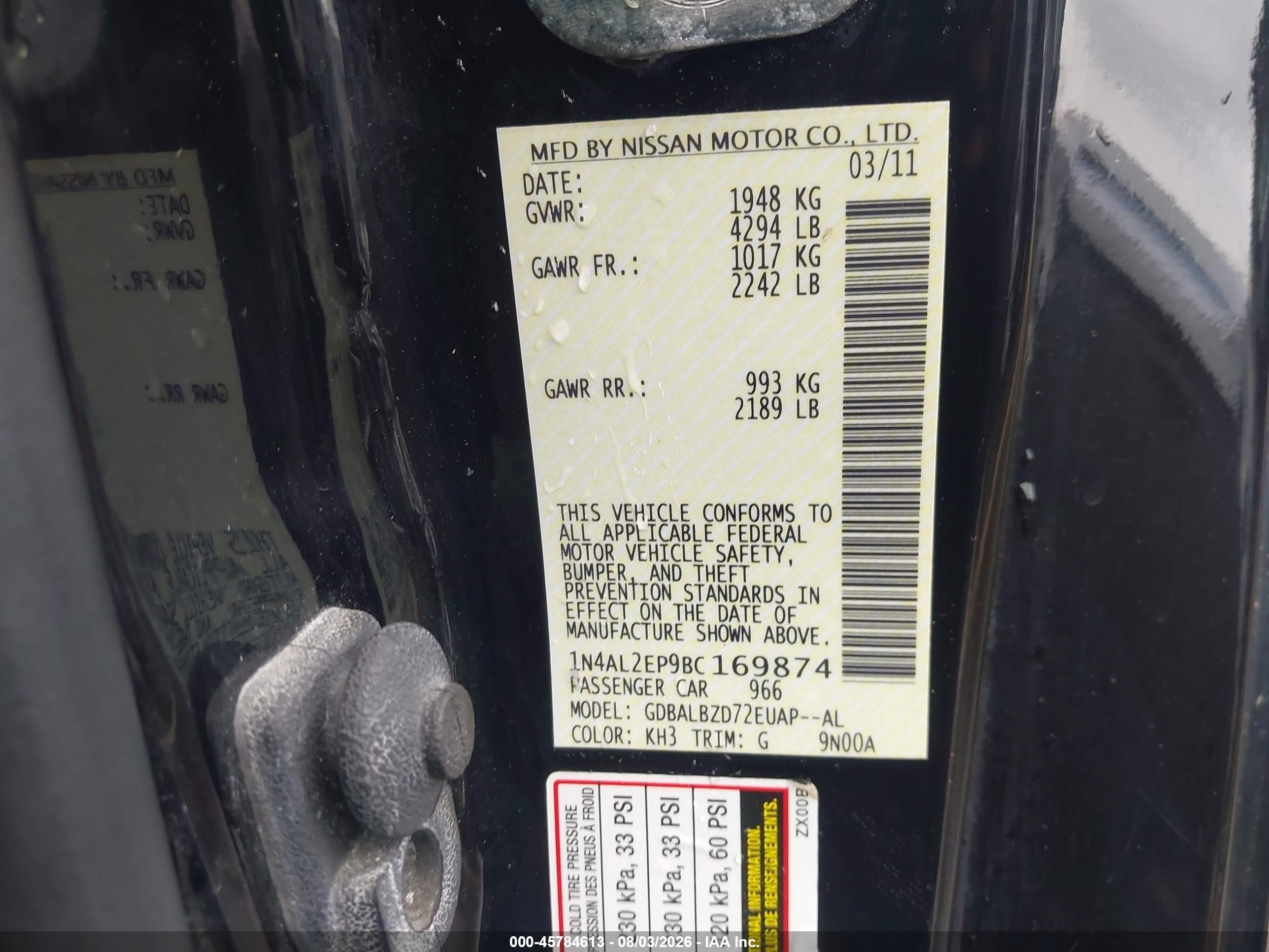 2011 Nissan Altima 2.5 S Black vin: 1N4AL2EP9BC169874