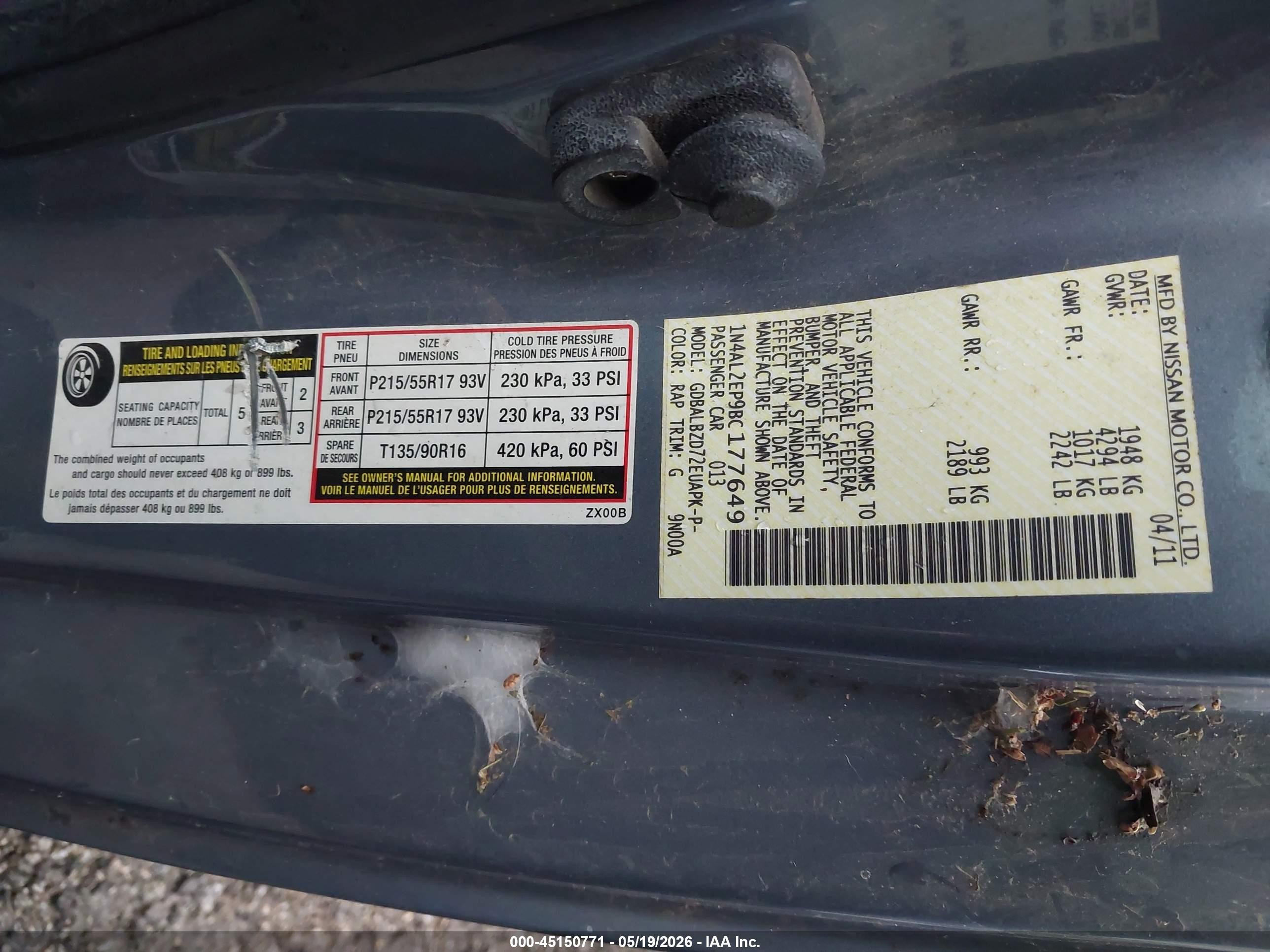 2011 Nissan Altima 2.5 S Синий vin: 1N4AL2EP9BC177649