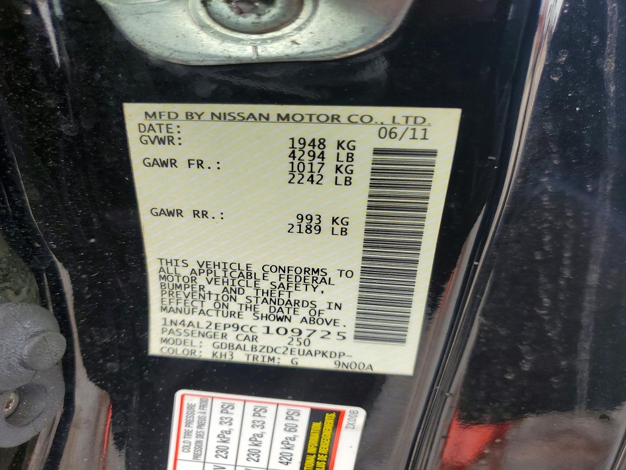 2012 Nissan Altima S Black vin: 1N4AL2EP9CC109725