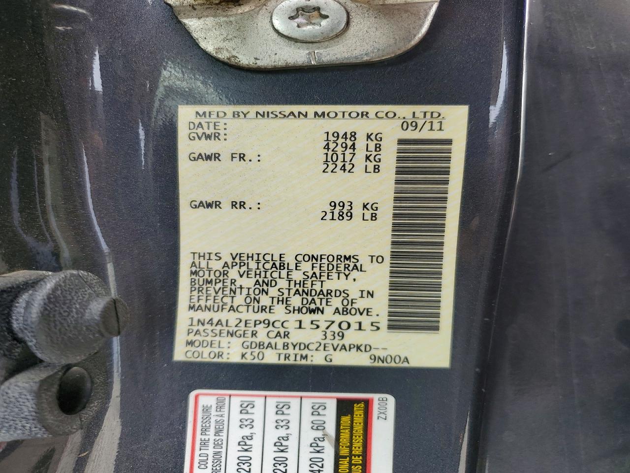 2012 Nissan Altima 2.5 S Charcoal vin: 1N4AL2EP9CC157015