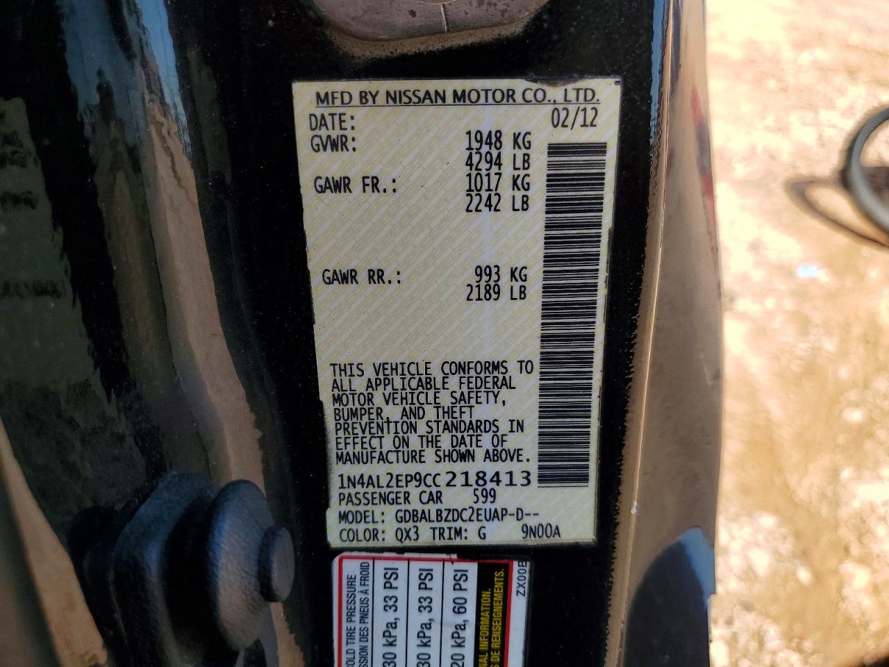 2012 Nissan Altima S Black vin: 1N4AL2EP9CC218413