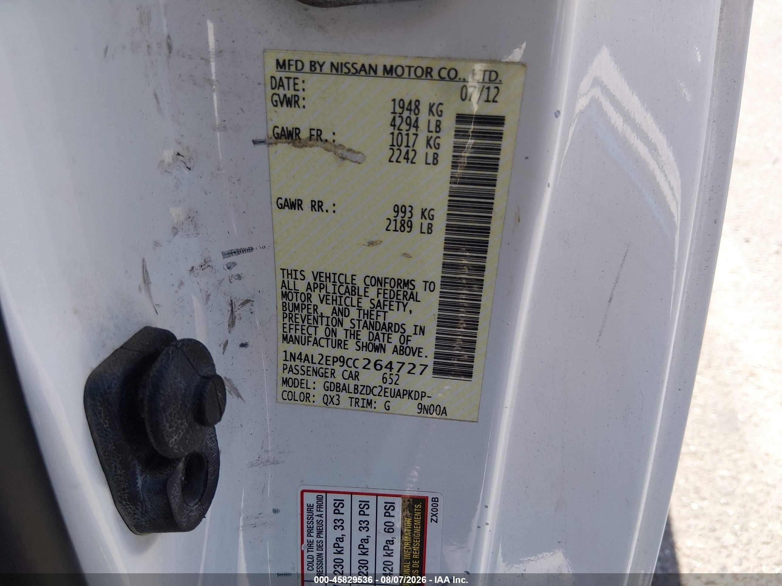 2012 Nissan Altima 2.5 S White vin: 1N4AL2EP9CC264727