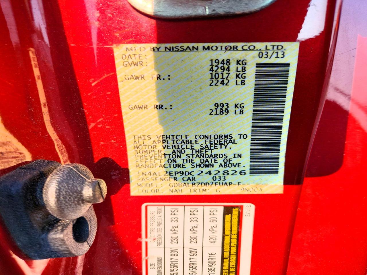 2013 Nissan Altima S Red vin: 1N4AL2EP9DC242826