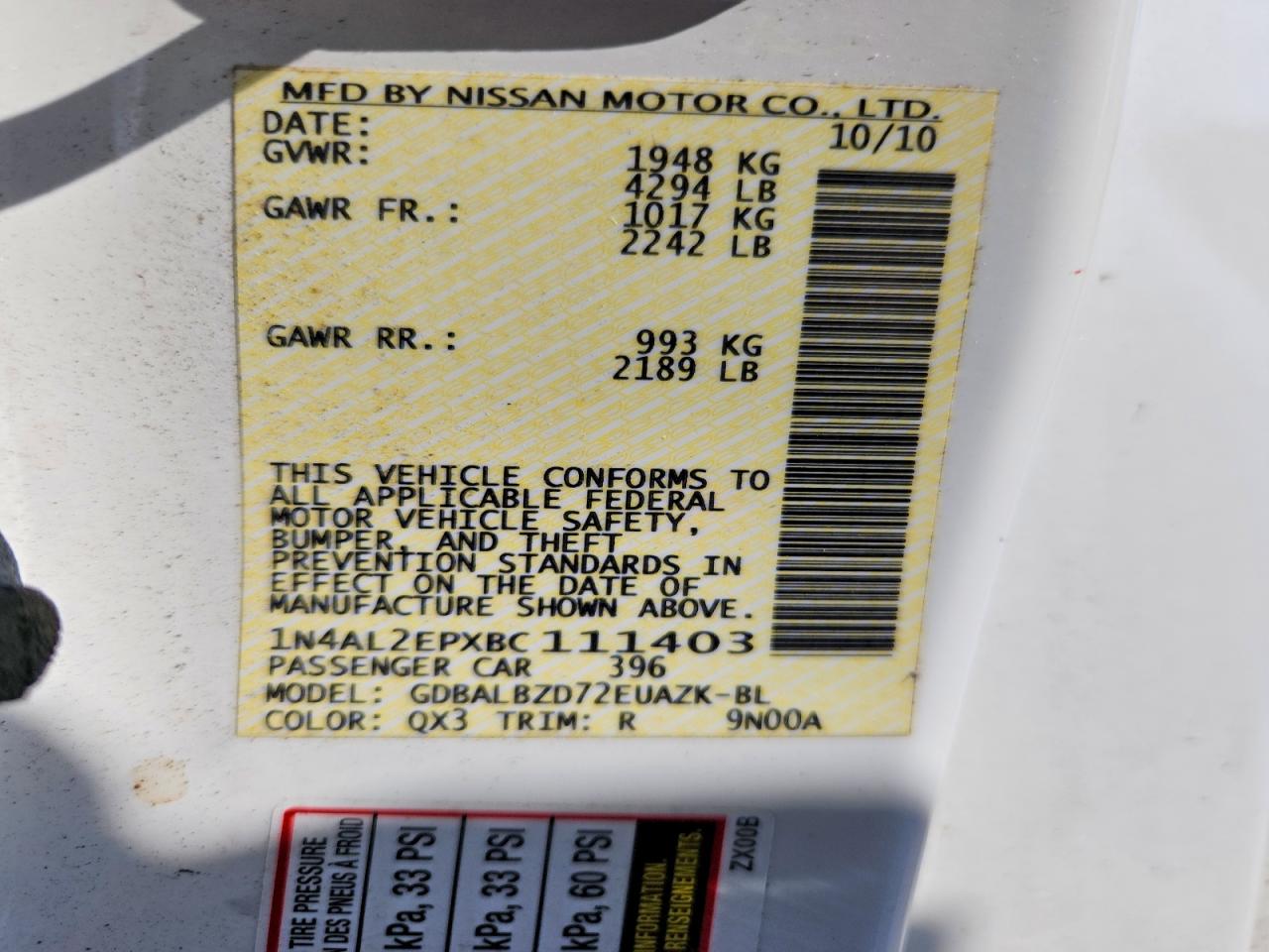 2011 Nissan Altima S White vin: 1N4AL2EPXBC111403