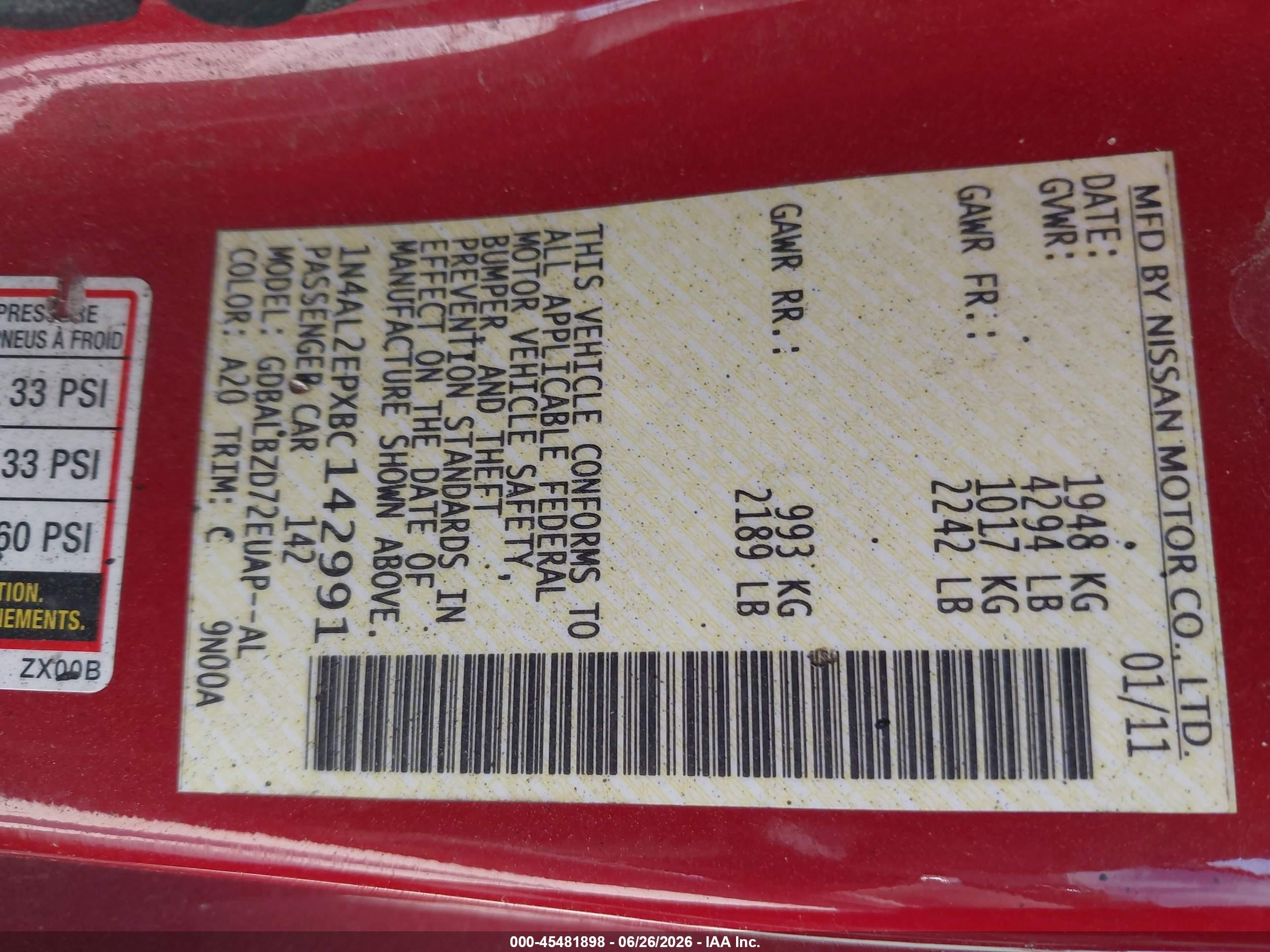 2011 Nissan Altima 2.5 S Red vin: 1N4AL2EPXBC142991