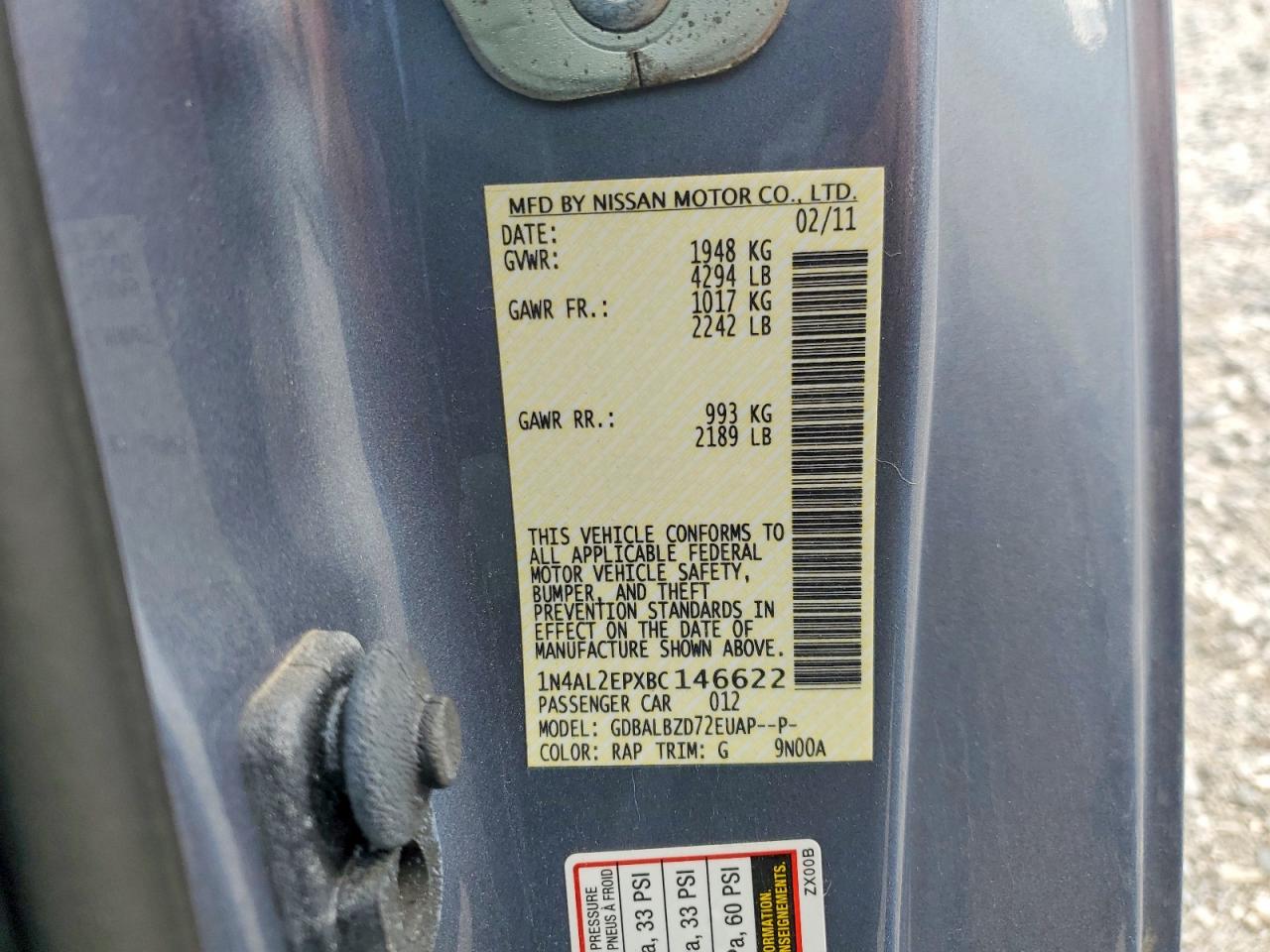 2011 Nissan Altima S Blue vin: 1N4AL2EPXBC146622