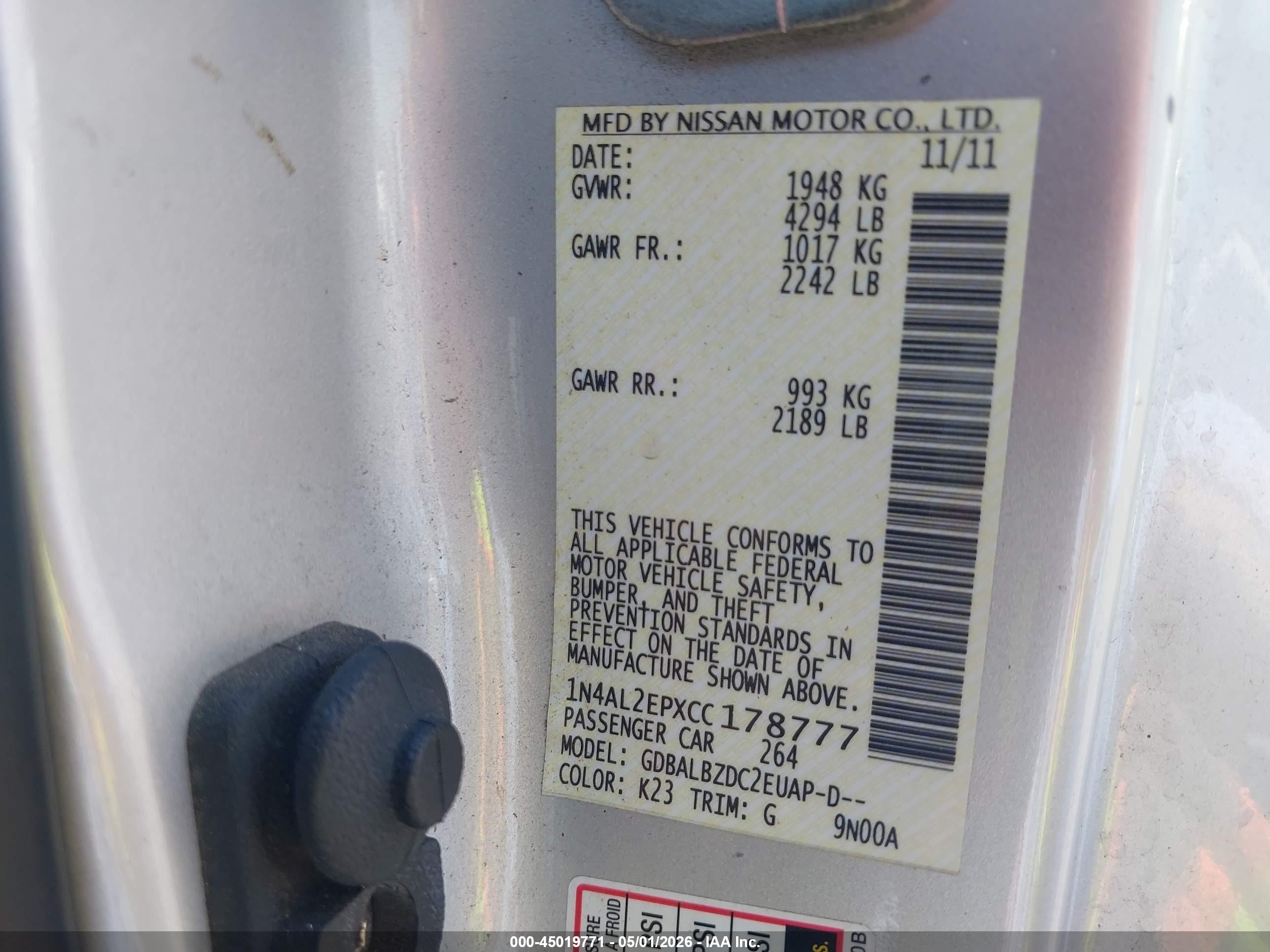 2012 Nissan Altima 2.5 S Silver vin: 1N4AL2EPXCC178777
