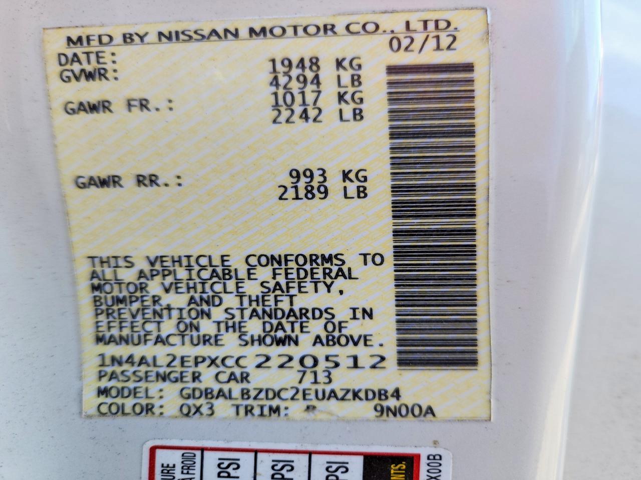 2012 Nissan Altima S White vin: 1N4AL2EPXCC220512