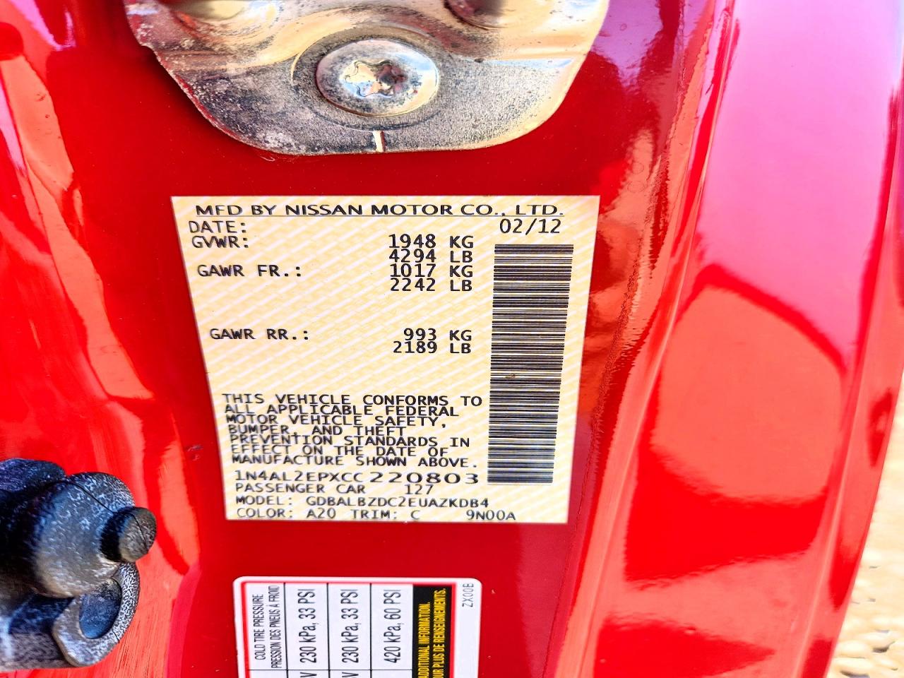 2012 Nissan Altima 2.5 S Red vin: 1N4AL2EPXCC220803