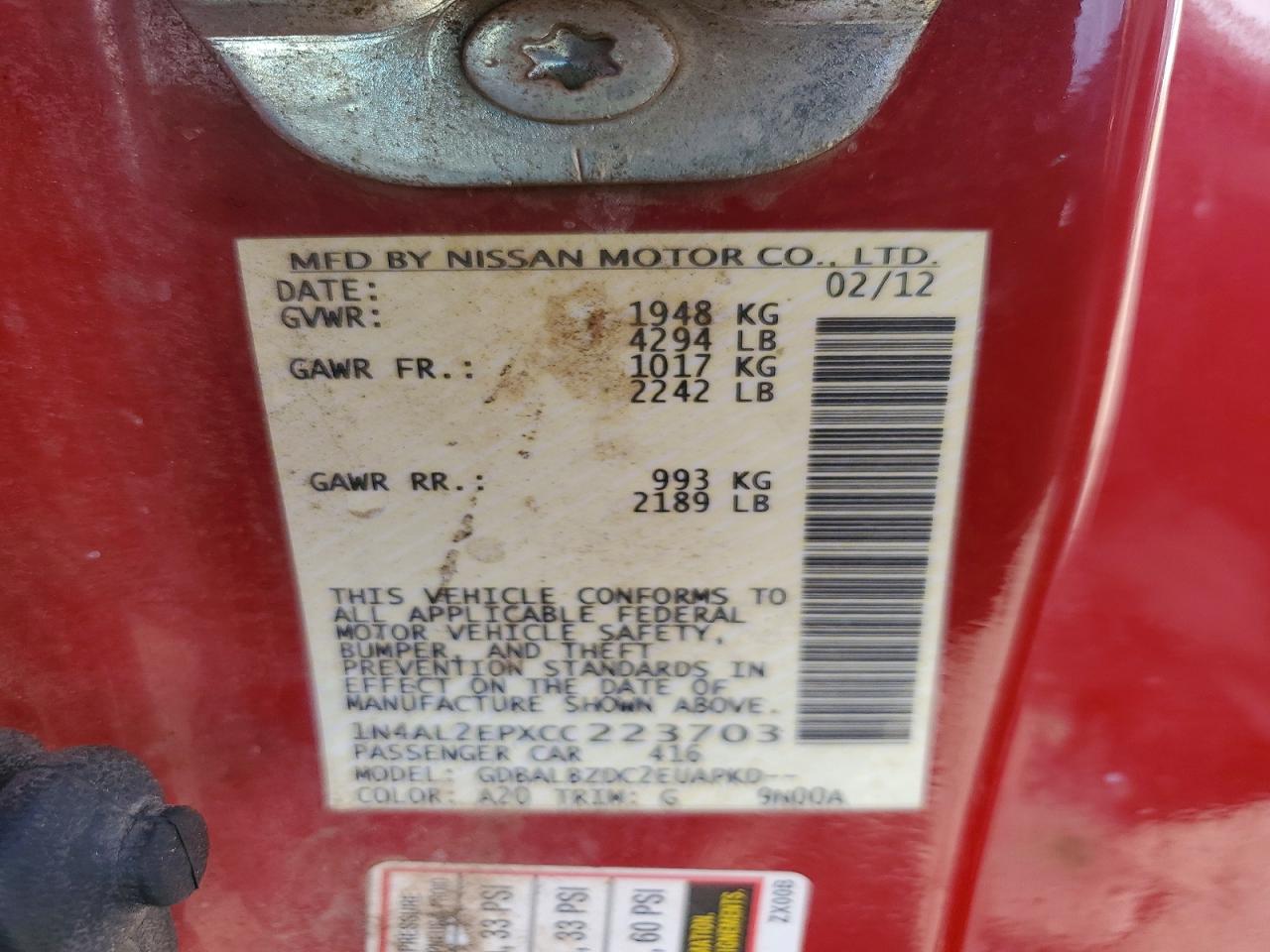 2012 Nissan Altima 2.5 S Red vin: 1N4AL2EPXCC223703