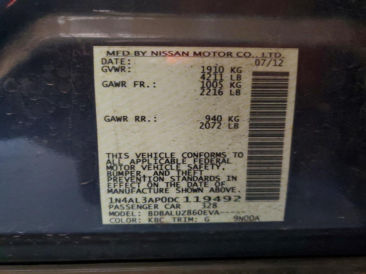 2013 Nissan Altima 2.5 Black vin: 1N4AL3AP0DC119492
