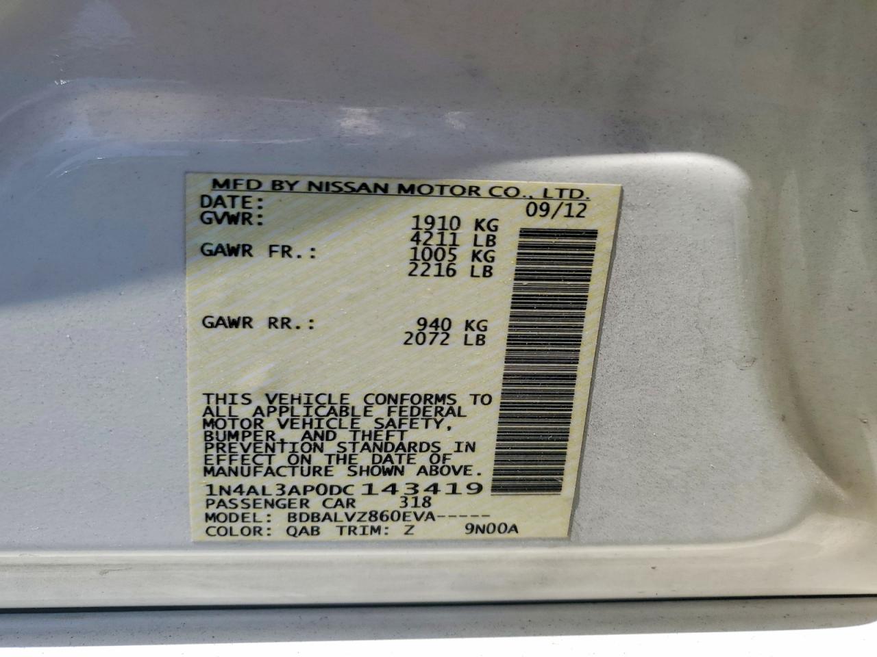 2013 Nissan Altima 2.5 White vin: 1N4AL3AP0DC143419