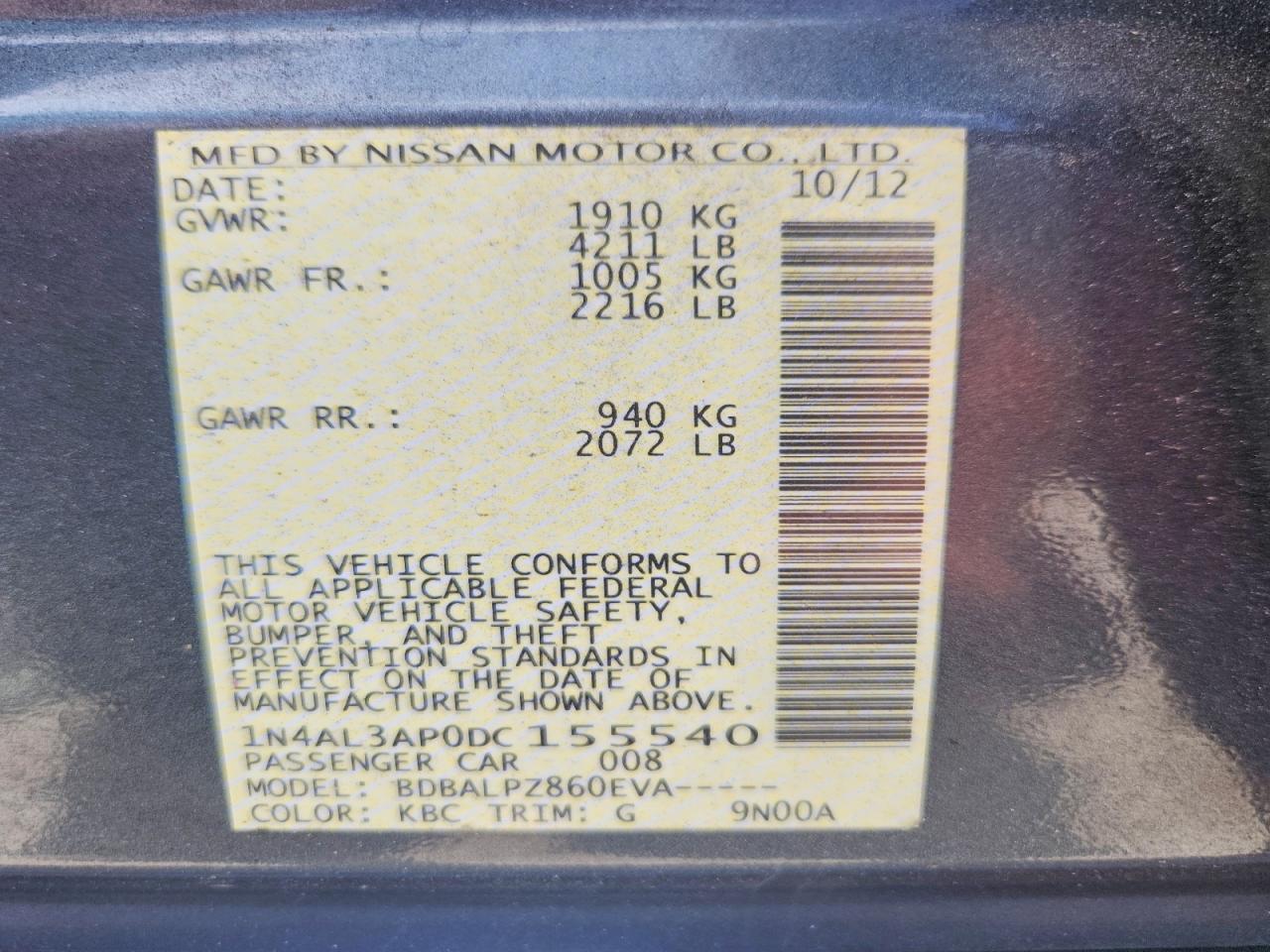 2013 Nissan Altima 2.5 Charcoal vin: 1N4AL3AP0DC155540