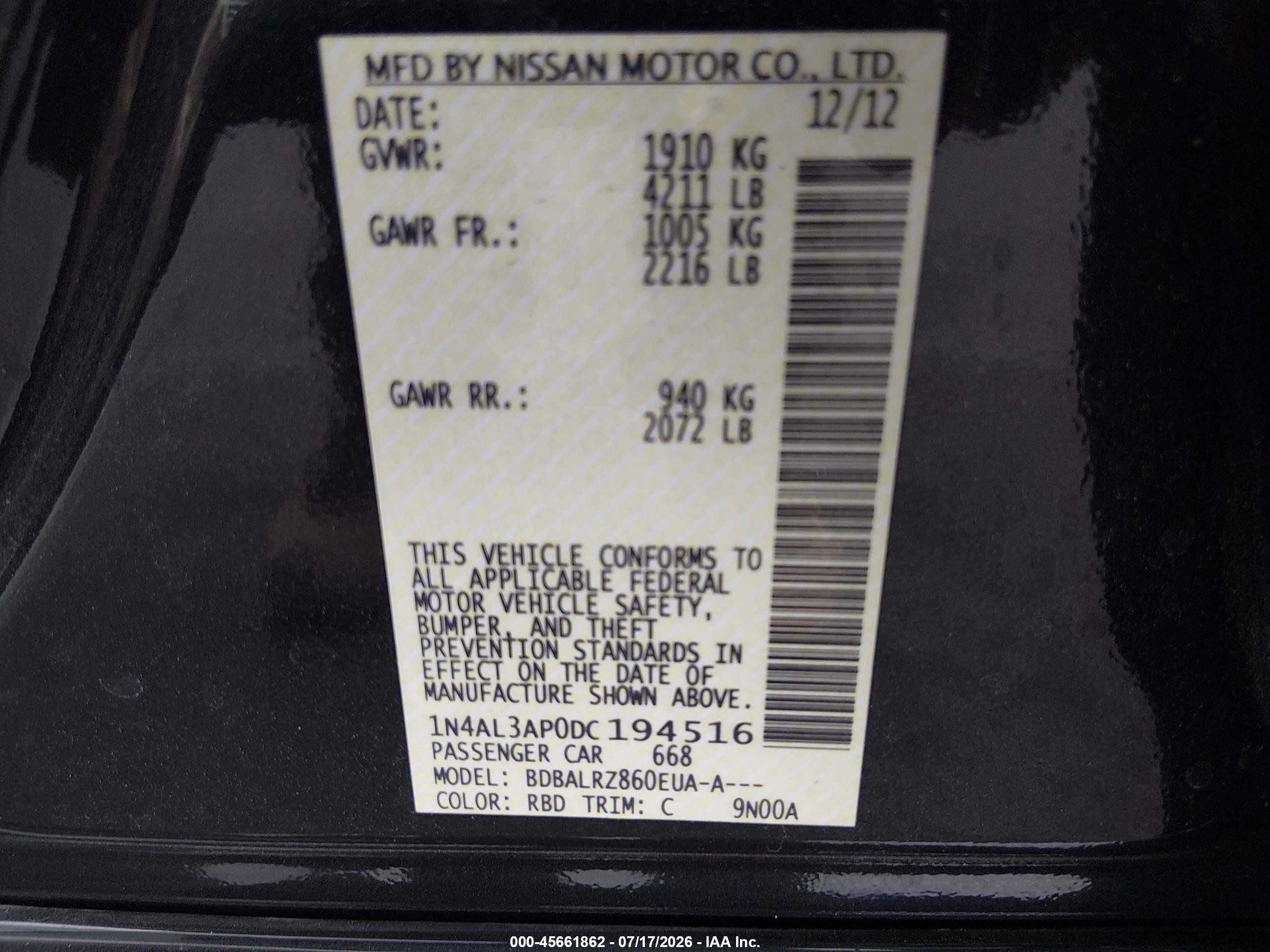 2013 Nissan Altima 2.5 S Black vin: 1N4AL3AP0DC194516