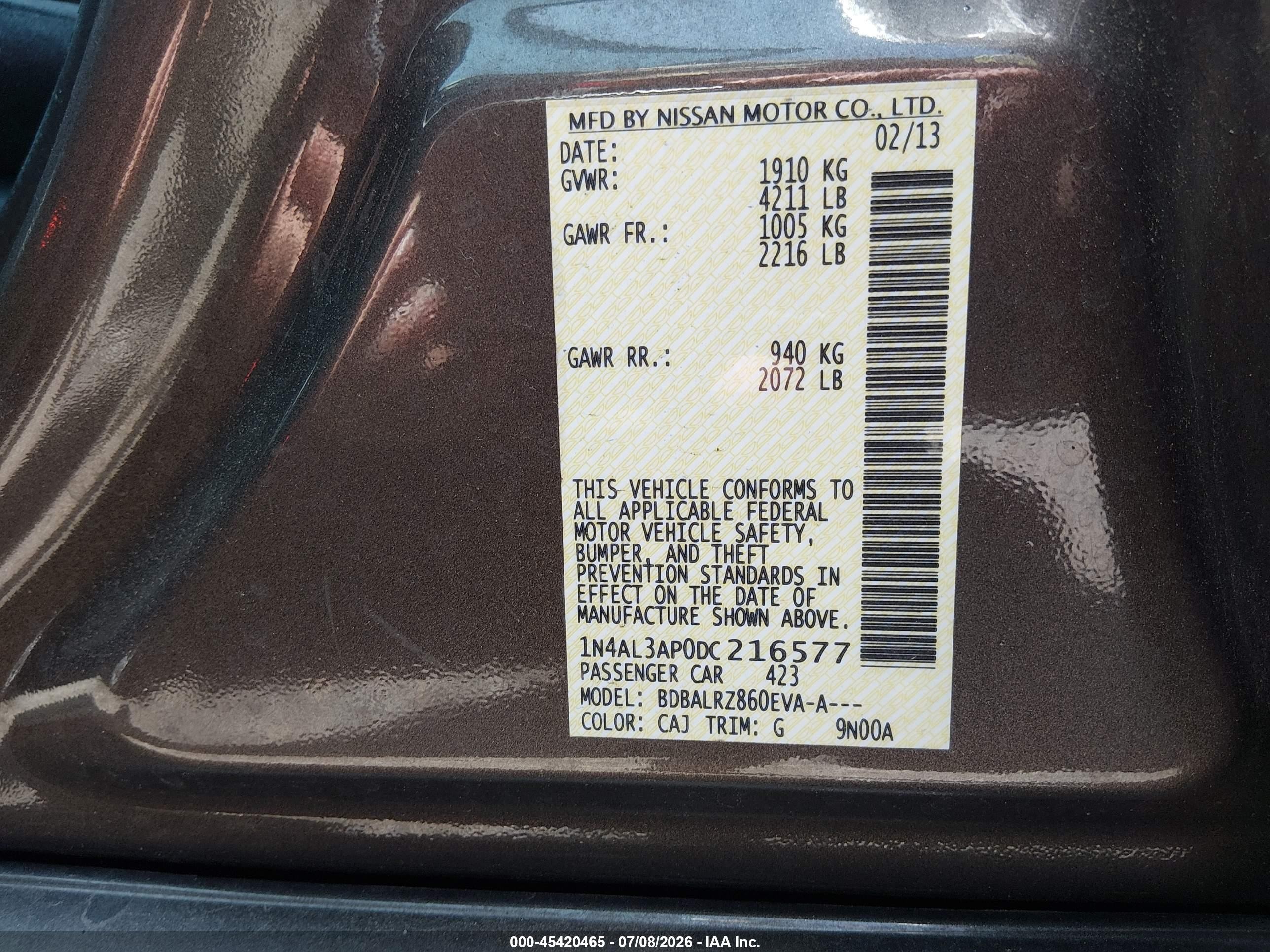 2013 Nissan Altima 2.5 S Champagne vin: 1N4AL3AP0DC216577