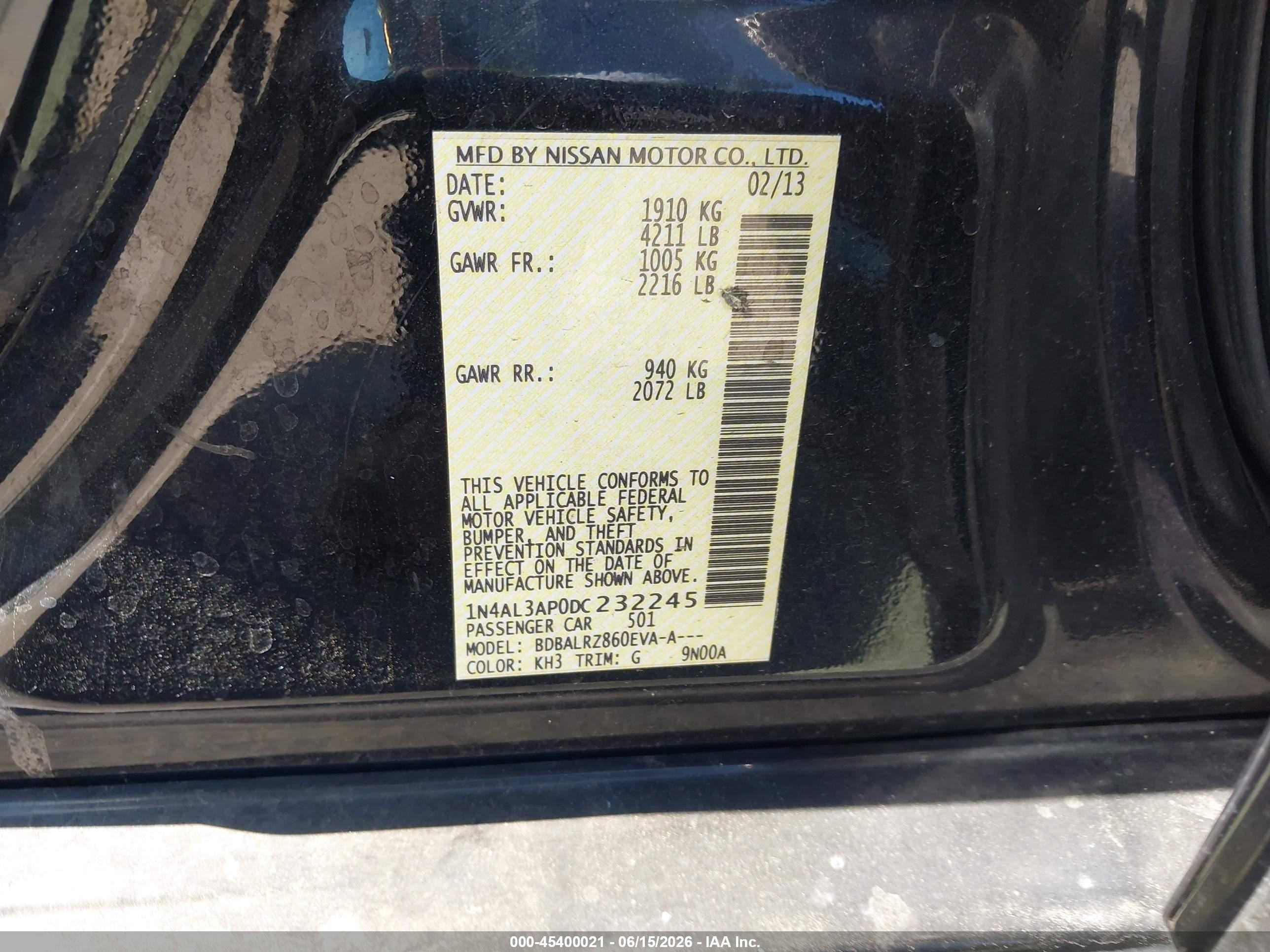 2013 Nissan Altima 2.5 S Black vin: 1N4AL3AP0DC232245