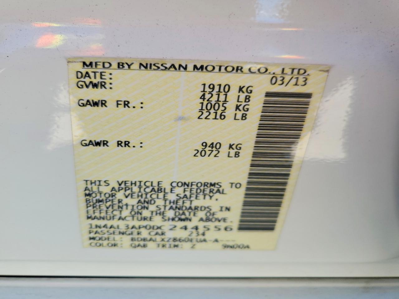 2013 Nissan Alitma White vin: 1N4AL3AP0DC244556