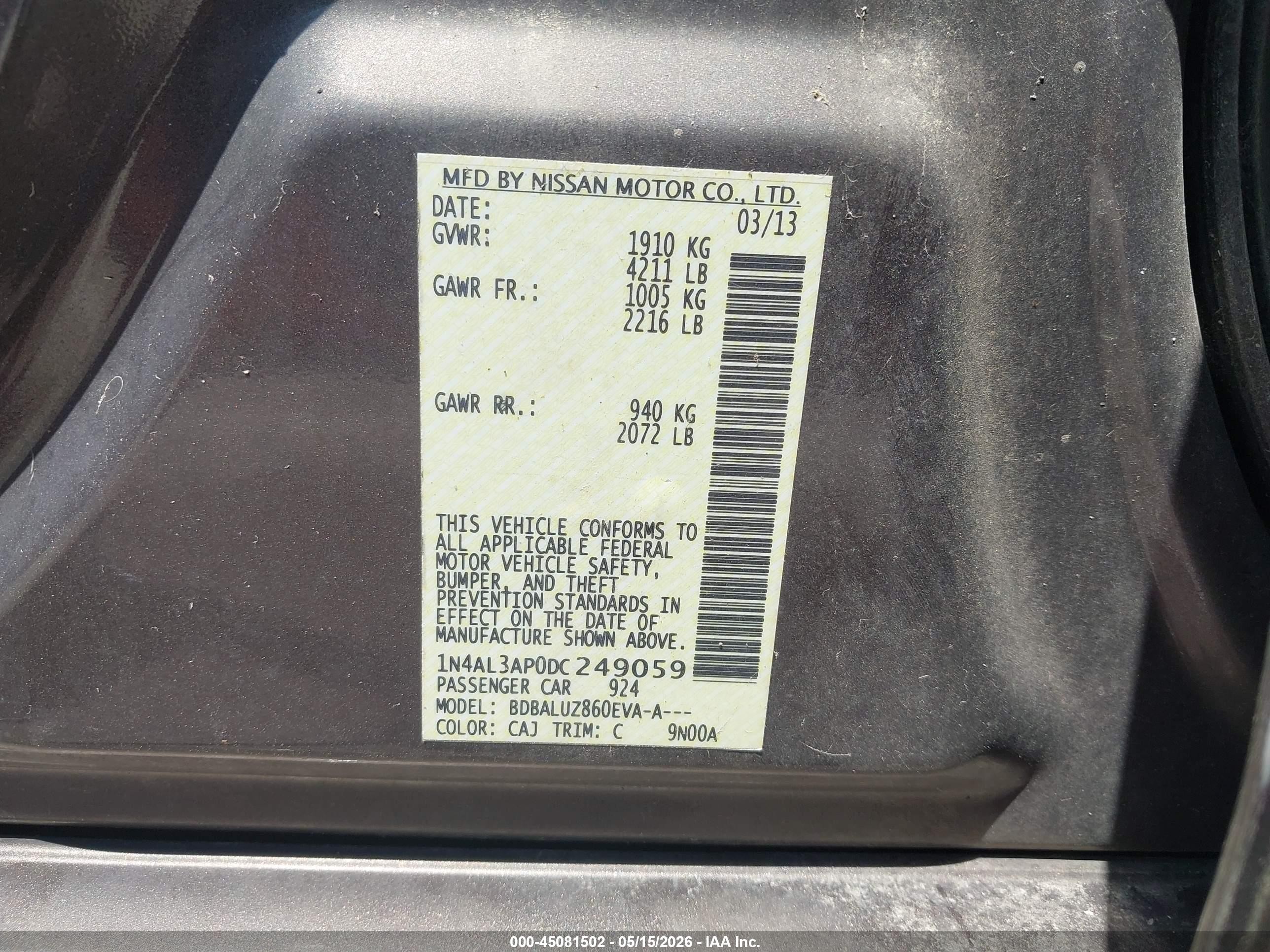 2013 Nissan Altima 2.5 Sv Gray vin: 1N4AL3AP0DC249059