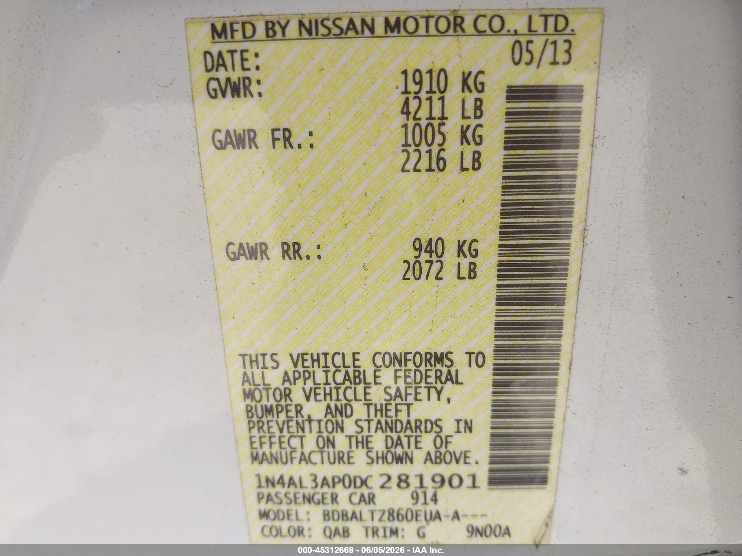 2013 Nissan Altima 2.5 Sv White vin: 1N4AL3AP0DC281901