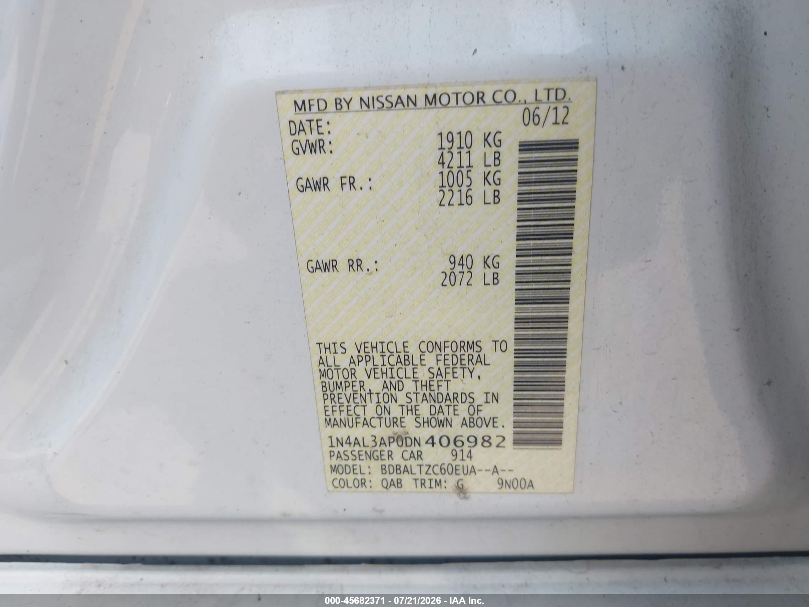 2013 Nissan Altima 2.5 Sv White vin: 1N4AL3AP0DN406982