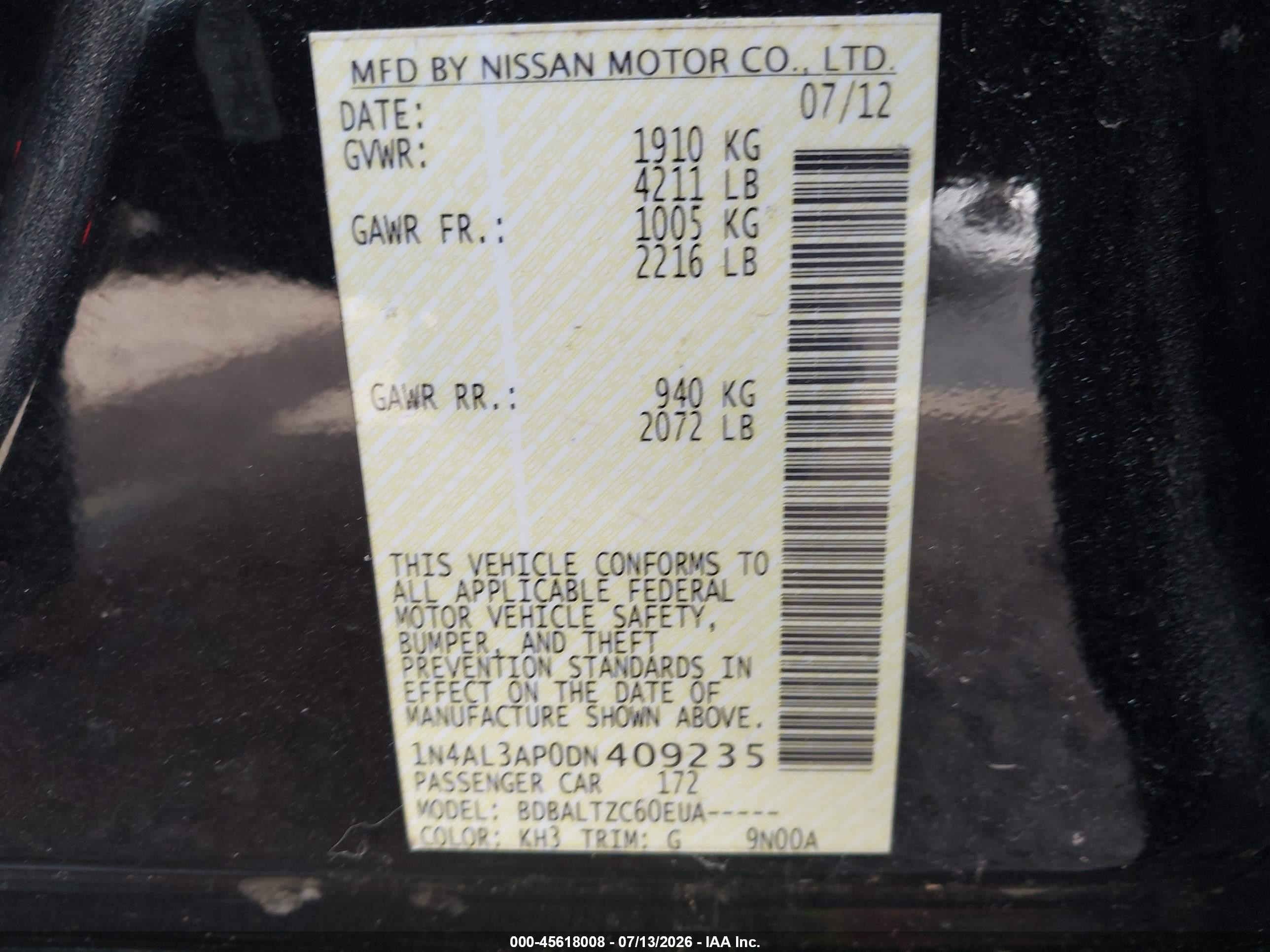 2013 Nissan Altima 2.5 Sv Black vin: 1N4AL3AP0DN409235